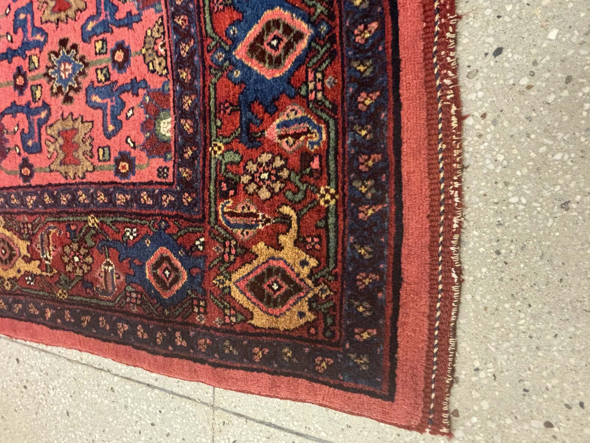 4' x 7' one-of-a-kind handmade vintage Bidjar rug. Color palette: black, blue, brown, charcoal, gray, pink, red