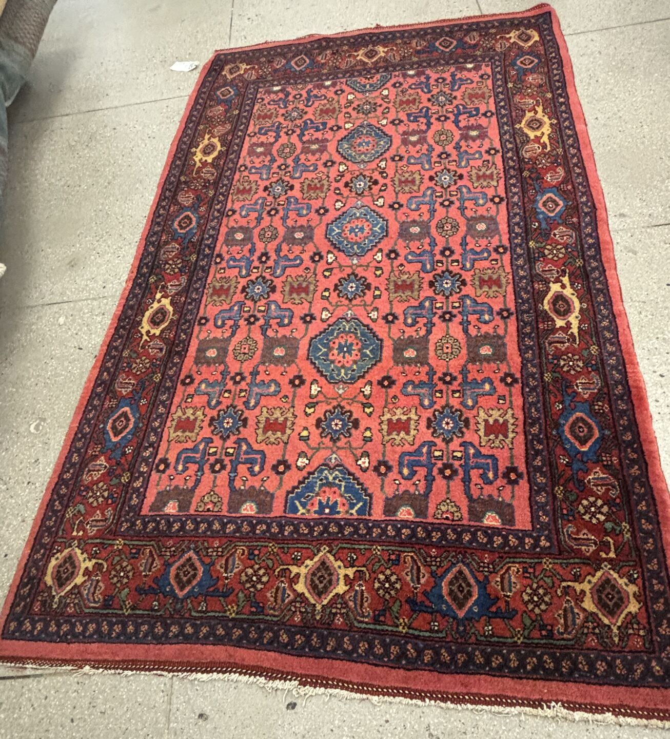 4' x 7' one-of-a-kind handmade vintage Bidjar rug. Color palette: black, blue, brown, charcoal, gray, pink, red