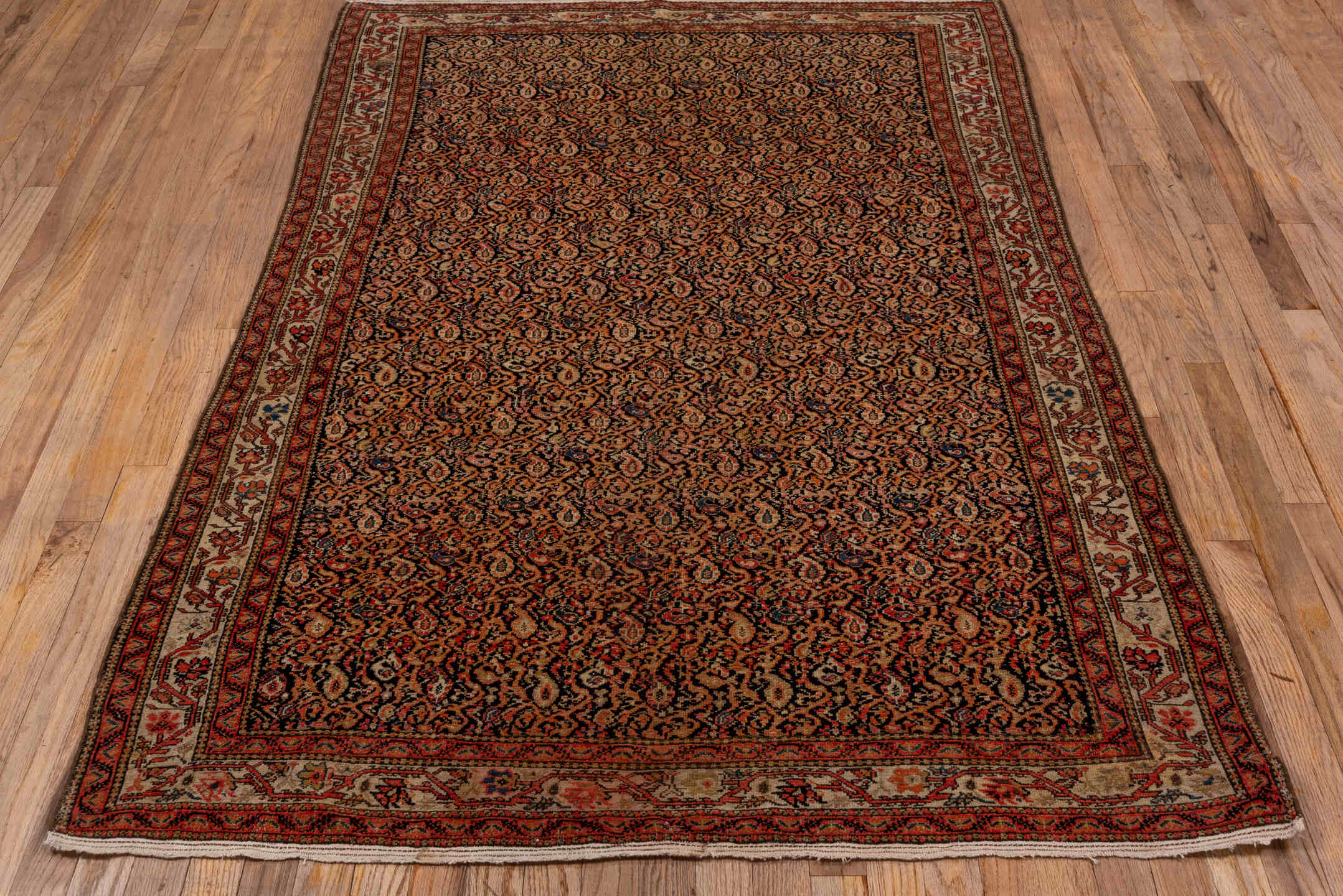 4' x 6' one-of-a-kind handmade vintage Malayer small size rug. Color palette: black, brown, gray, light gray, off-white