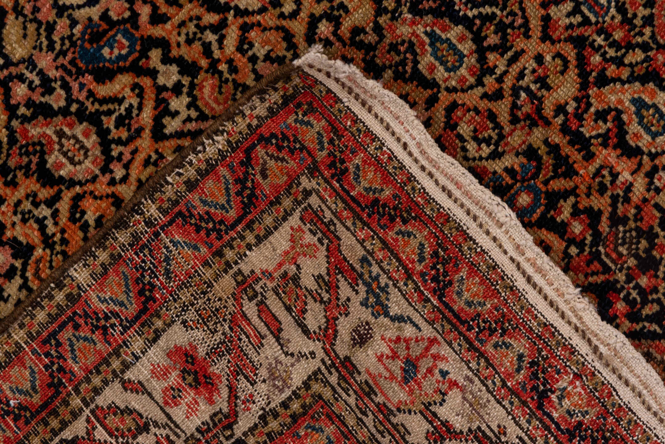 4' x 6' one-of-a-kind handmade antique Malayer small size rug. Color palette: rust, ivory, navy, terracotta, charcoal, brick