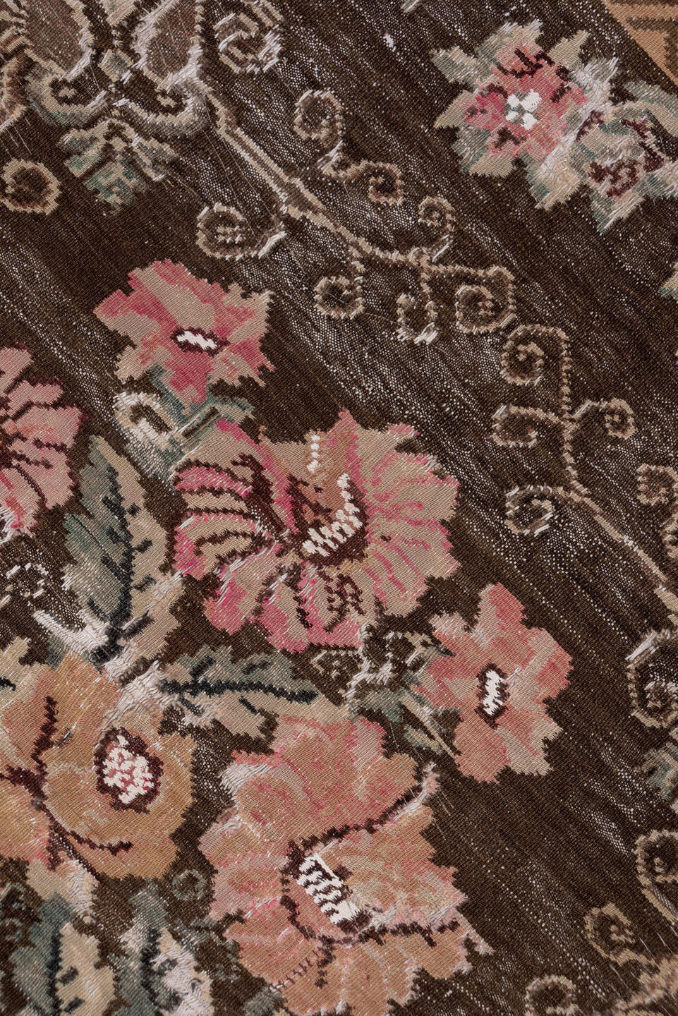 5' x 7' one-of-a-kind handmade antique Kilim rug. Color palette: brown, rose, camel, sage, taupe, ivory, coral, pink, red