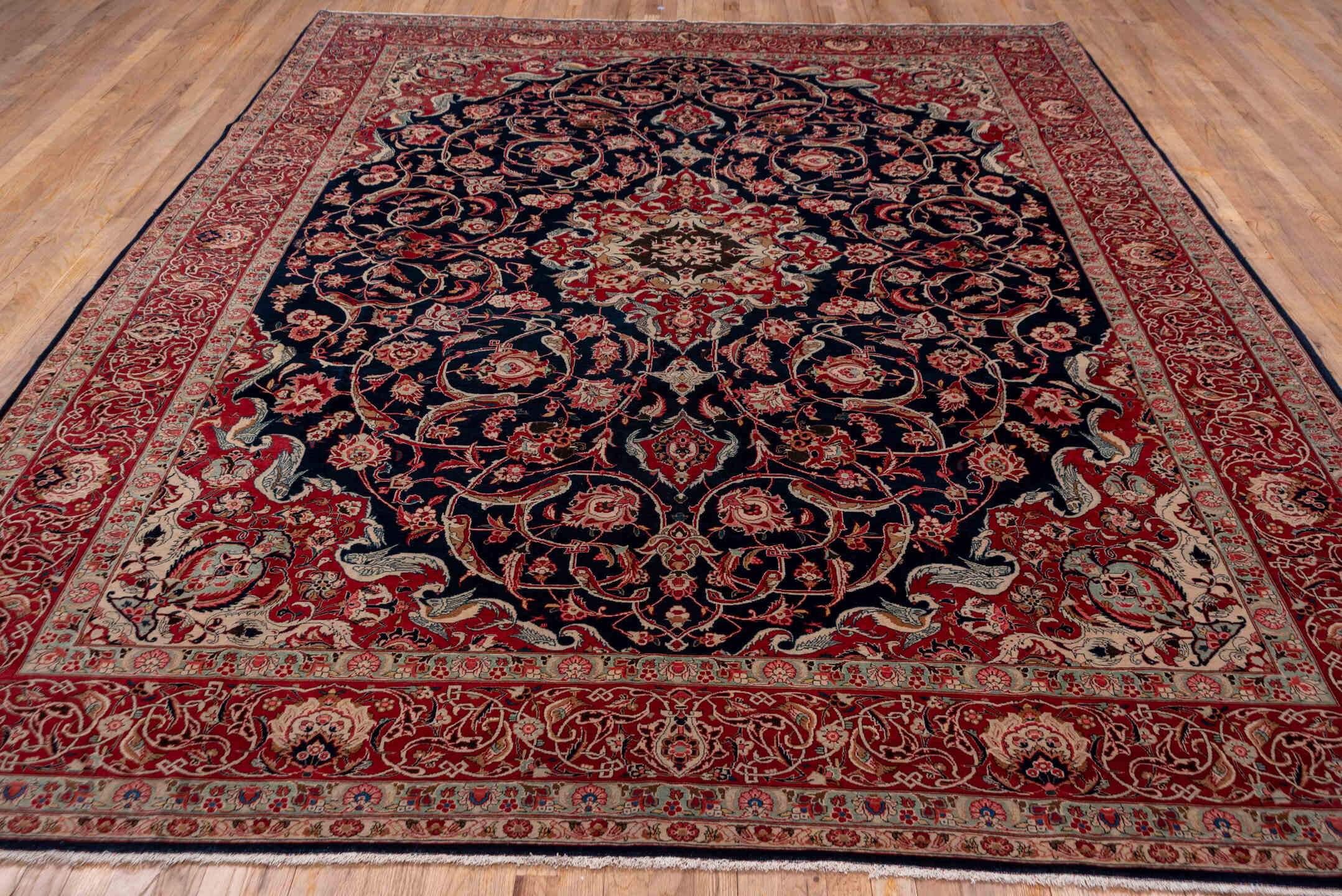 9' x 11' one-of-a-kind handmade vintage Kashan large size rug. Color palette: brown, dim gray, gray, light gray, off-white