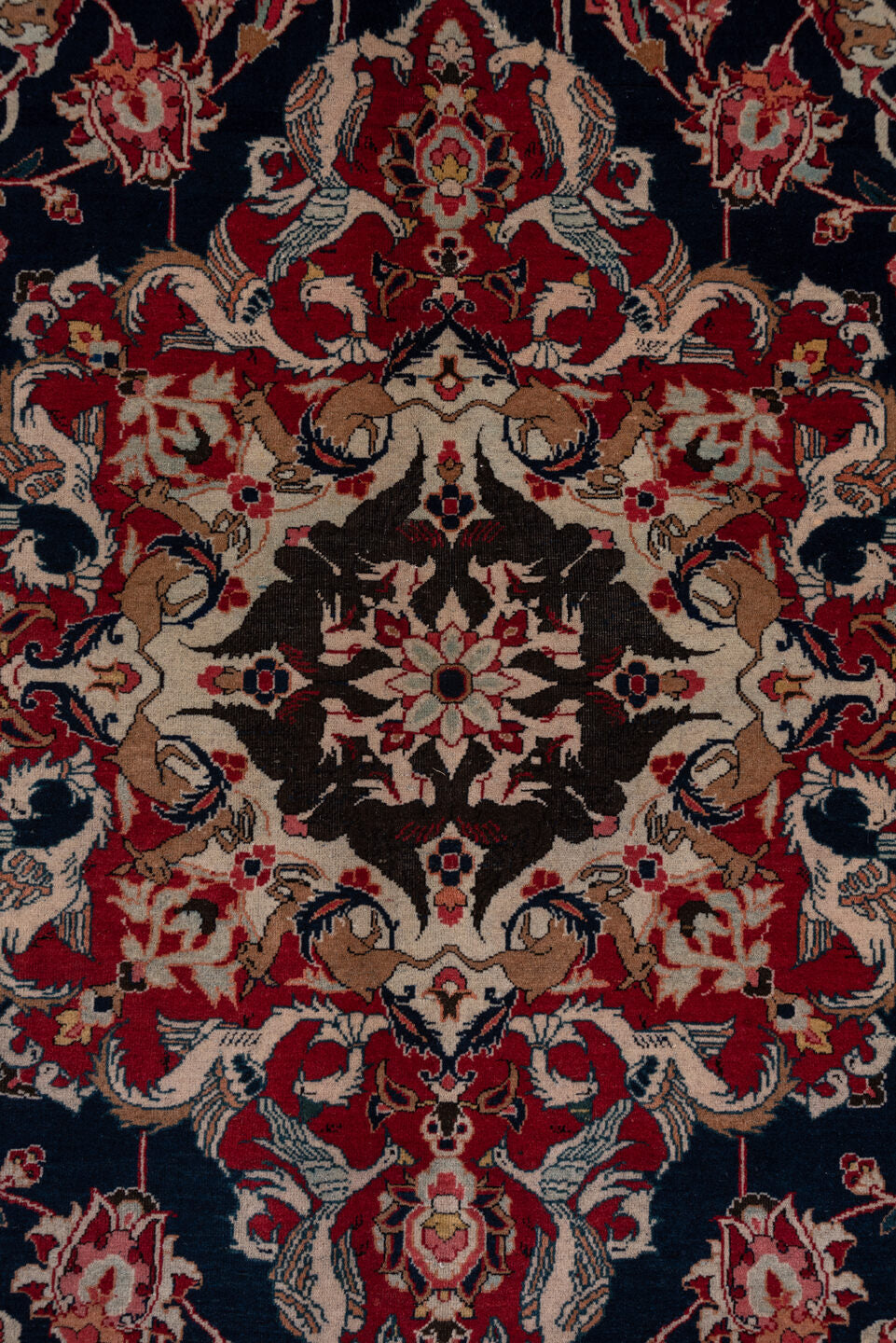 9' x 11' one-of-a-kind handmade vintage Kashan large size rug. Color palette: brown, dim gray, gray, light gray, off-white