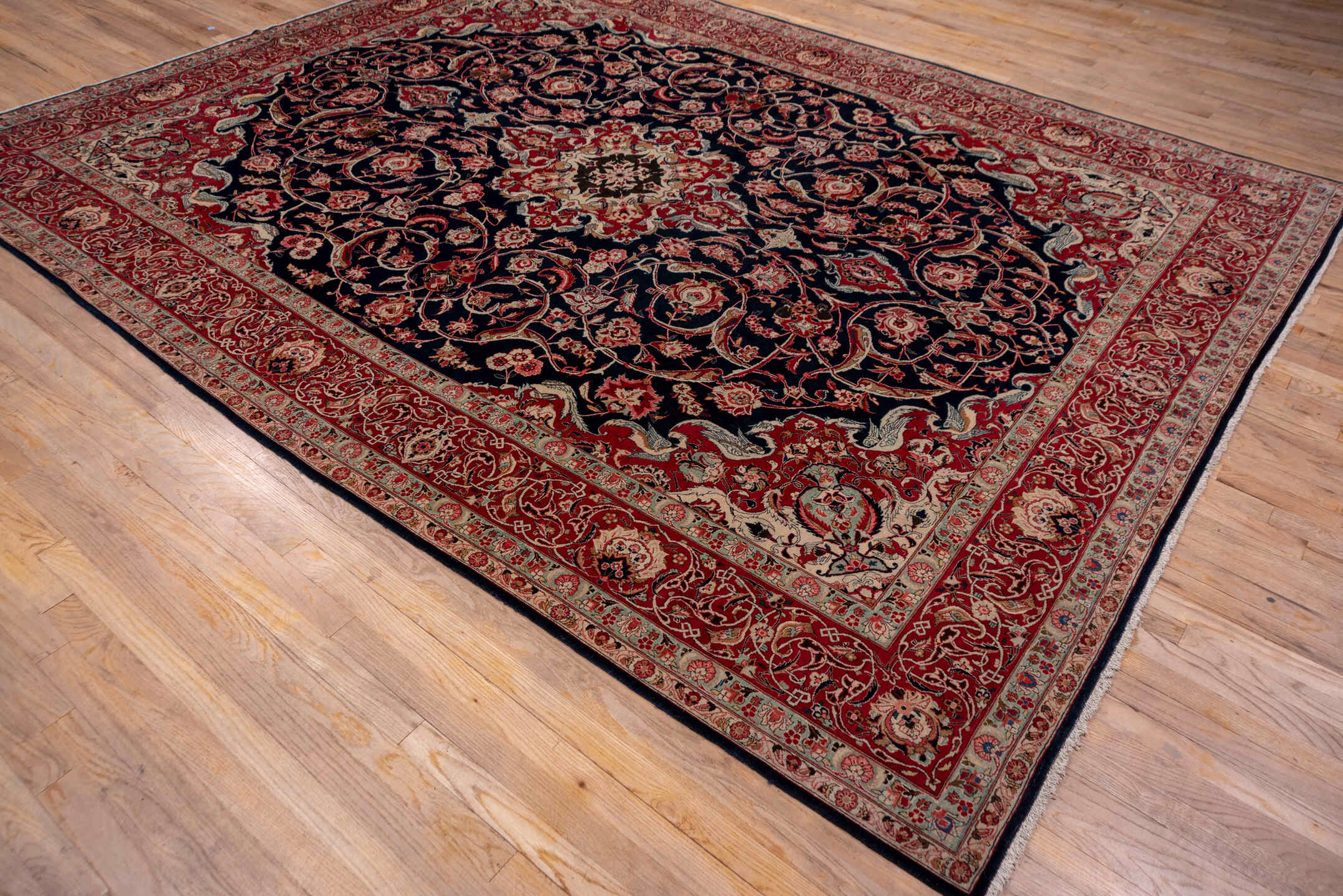 9' x 11' one-of-a-kind handmade vintage Kashan large size rug. Color palette: brown, dim gray, gray, light gray, off-white