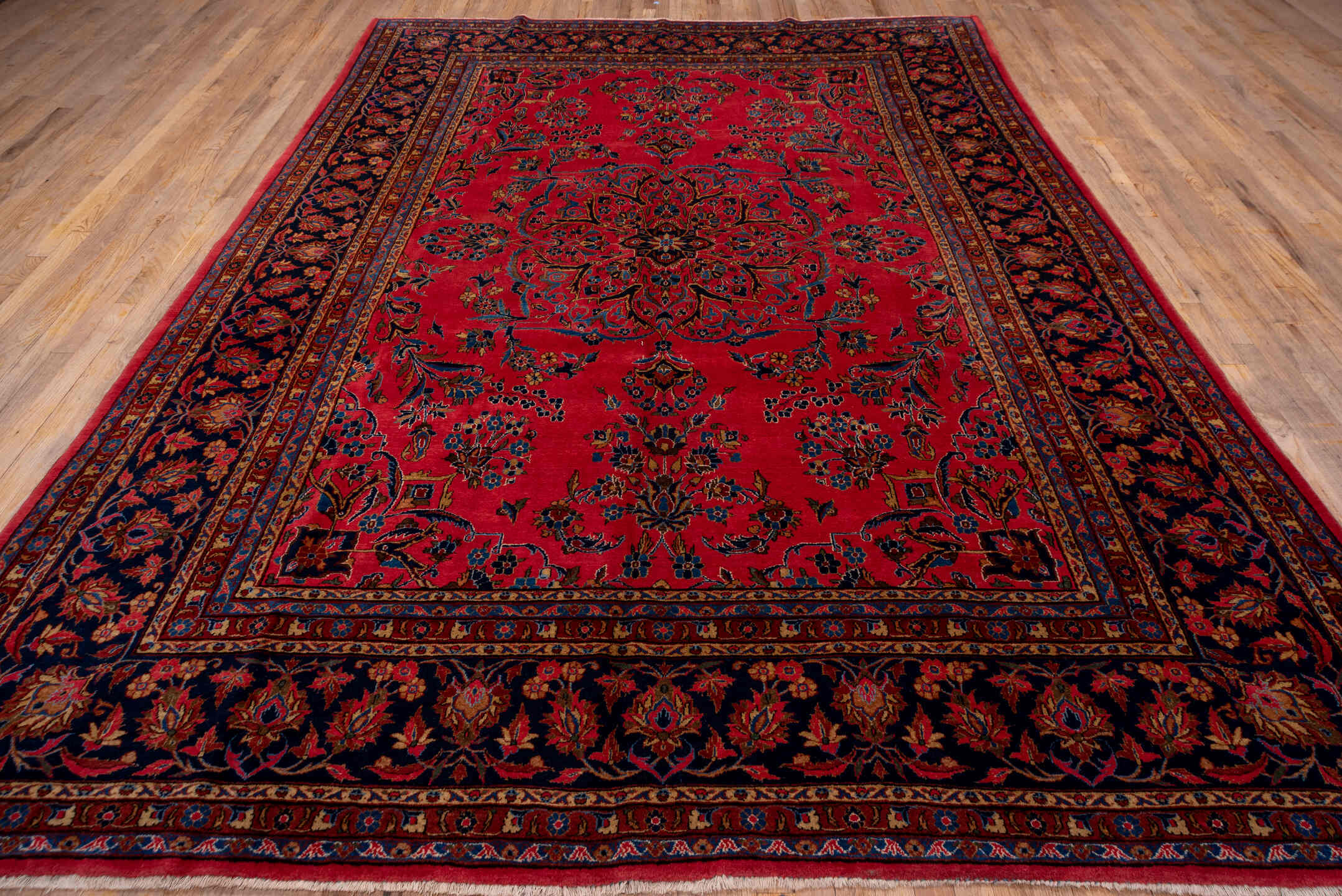 8' x 12' one-of-a-kind handmade antique Kashan large size rug. Color palette: rose, navy, rust, ivory, gold, sky_blue