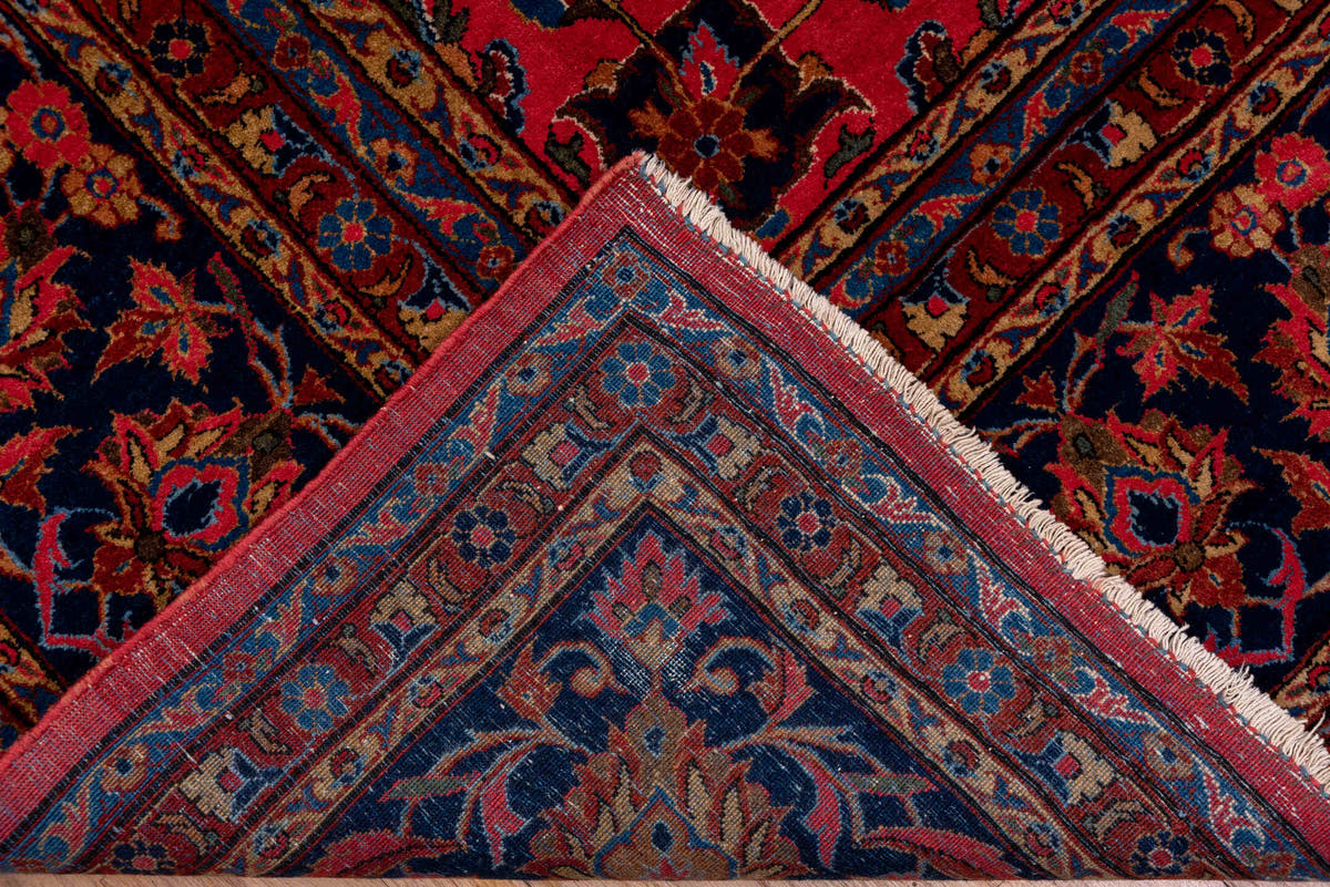 8' x 12' one-of-a-kind handmade antique Kashan large size rug. Color palette: rose, navy, rust, ivory, gold, sky_blue