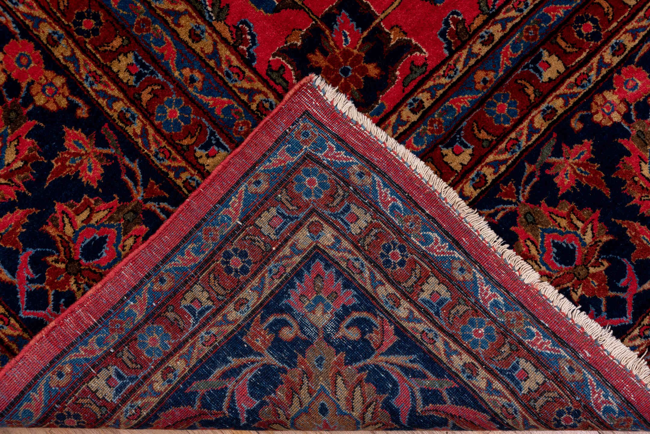 8' x 12' one-of-a-kind handmade antique Kashan large size rug. Color palette: rose, navy, rust, ivory, gold, sky_blue