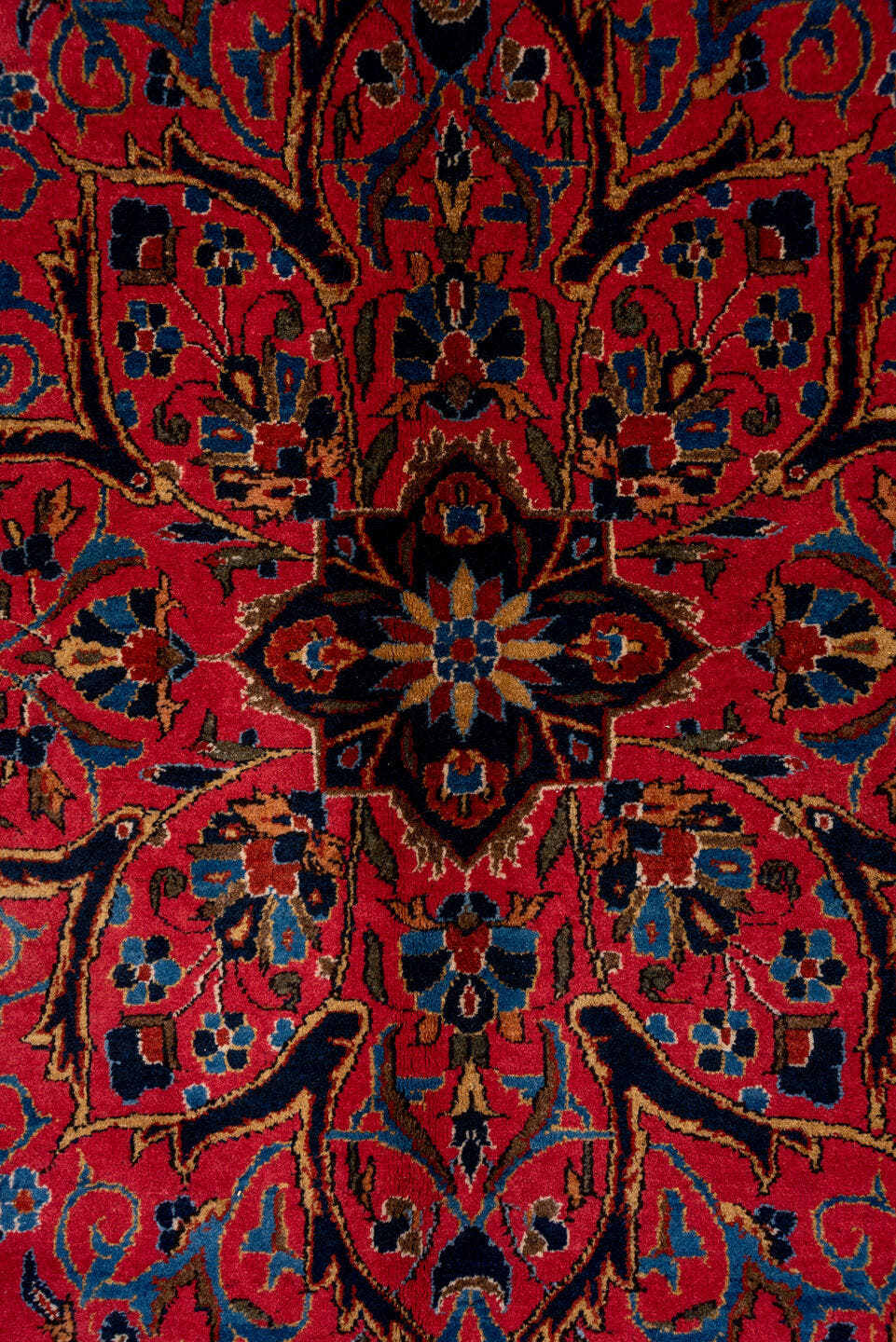 8' x 12' one-of-a-kind handmade antique Kashan large size rug. Color palette: rose, navy, rust, ivory, gold, sky_blue