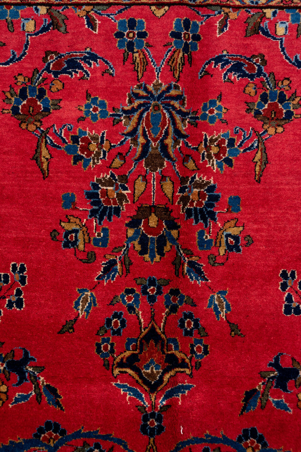 8' x 12' one-of-a-kind handmade antique Kashan large size rug. Color palette: rose, navy, rust, ivory, gold, sky_blue