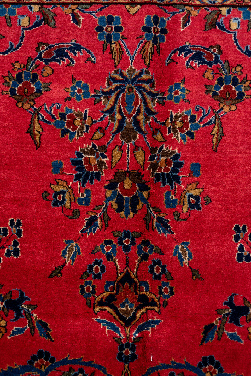 8' x 12' one-of-a-kind handmade antique Kashan large size rug. Color palette: rose, navy, rust, ivory, gold, sky_blue
