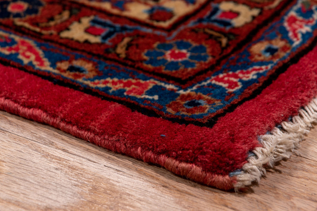 8' x 12' one-of-a-kind handmade antique Kashan large size rug. Color palette: rose, navy, rust, ivory, gold, sky_blue