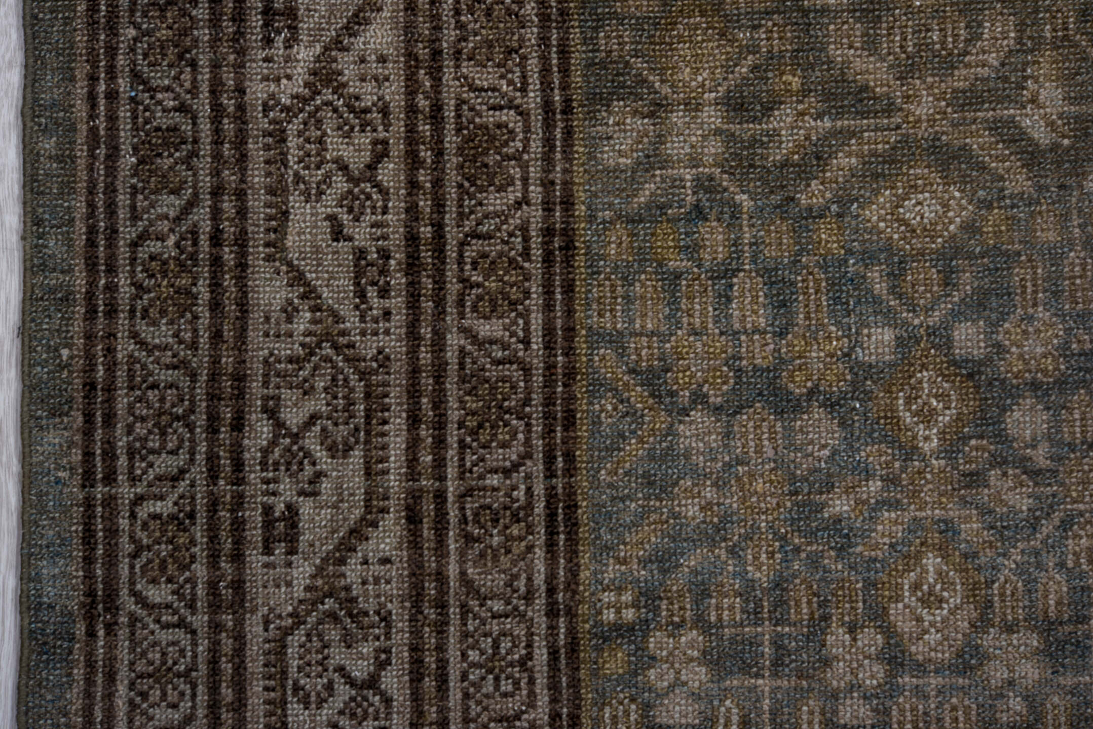 3' x 16' one-of-a-kind handmade antique Malayer runner rug. Color palette: taupe, charcoal, slate, ivory, camel, olive