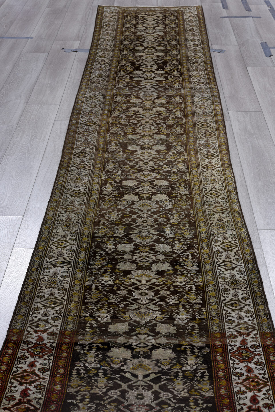 2' x 16' one-of-a-kind handmade antique Malayer runner rug. Color palette: ivory, charcoal, taupe, rust, sage, camel, rose