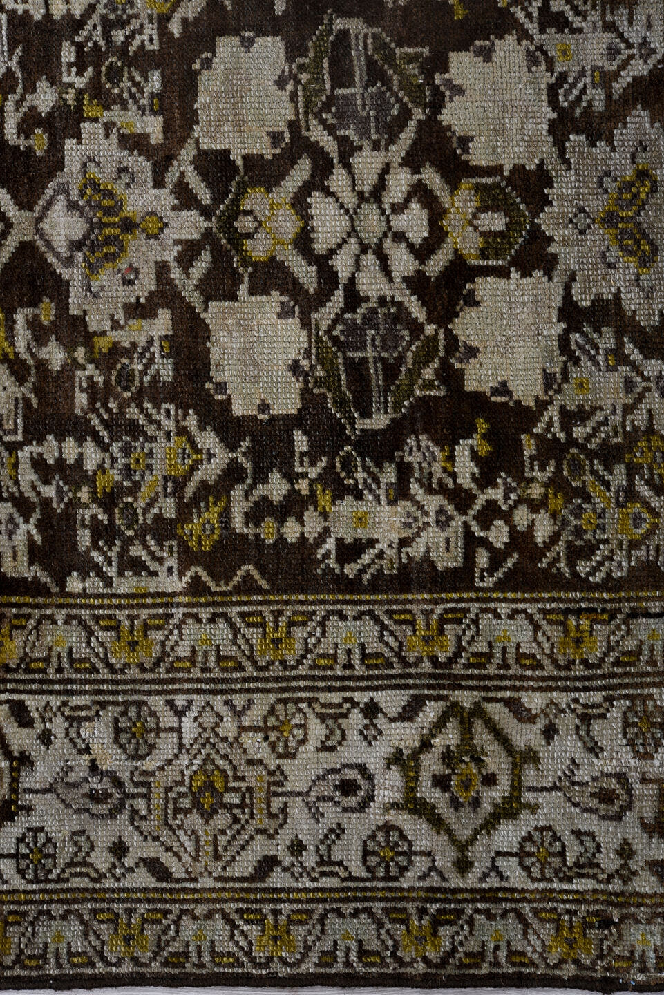 2' x 16' one-of-a-kind handmade antique Malayer runner rug. Color palette: ivory, charcoal, taupe, rust, sage, camel, rose