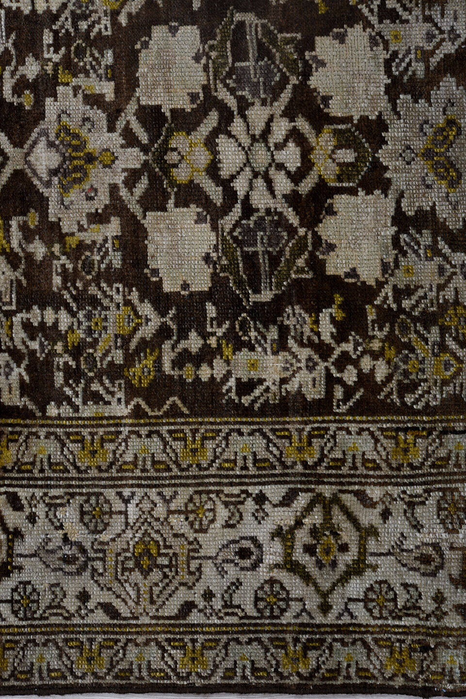 2' x 16' one-of-a-kind handmade antique Malayer runner rug. Color palette: ivory, charcoal, taupe, rust, sage, camel, rose