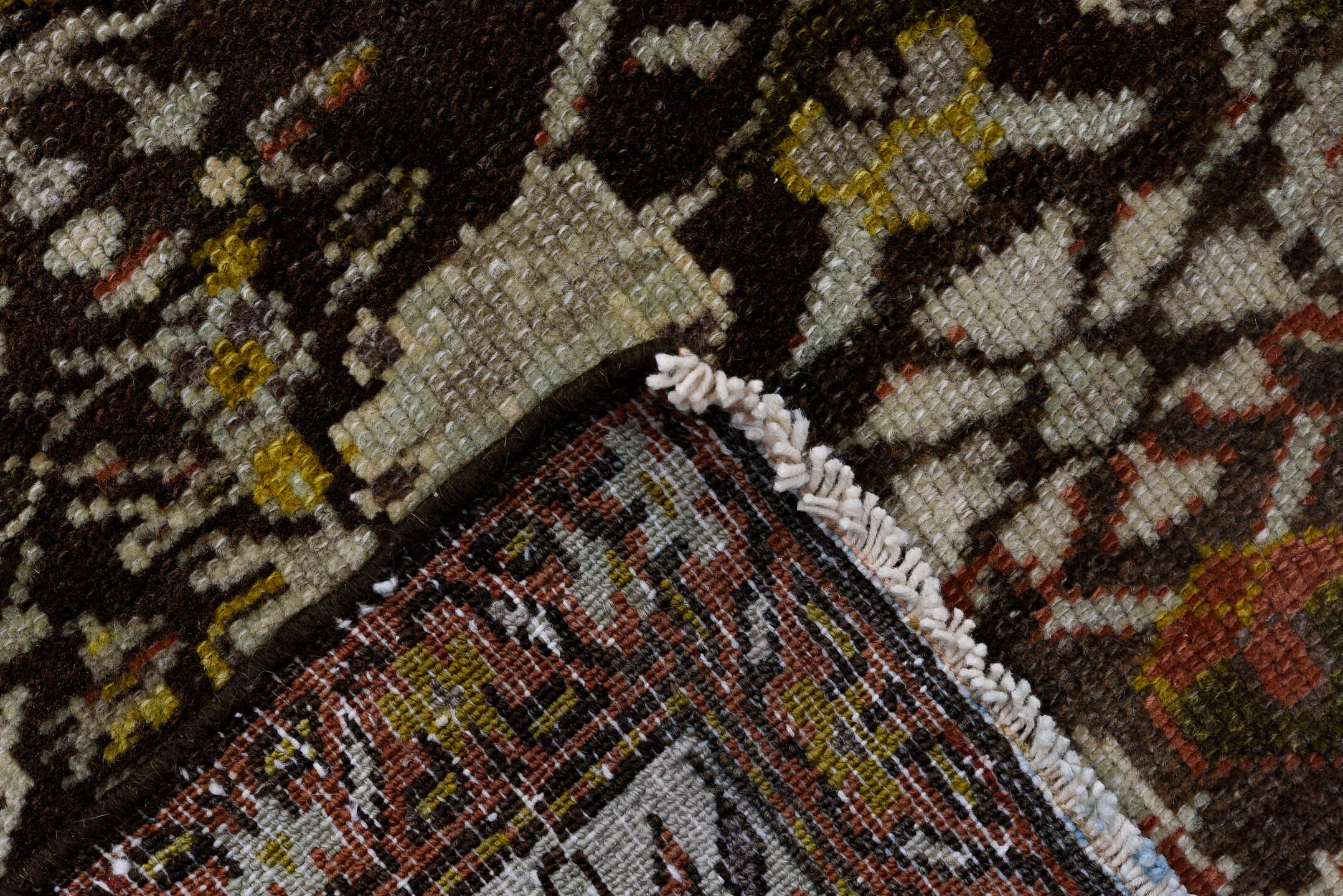 2' x 16' one-of-a-kind handmade antique Malayer runner rug. Color palette: ivory, charcoal, taupe, rust, sage, camel, rose