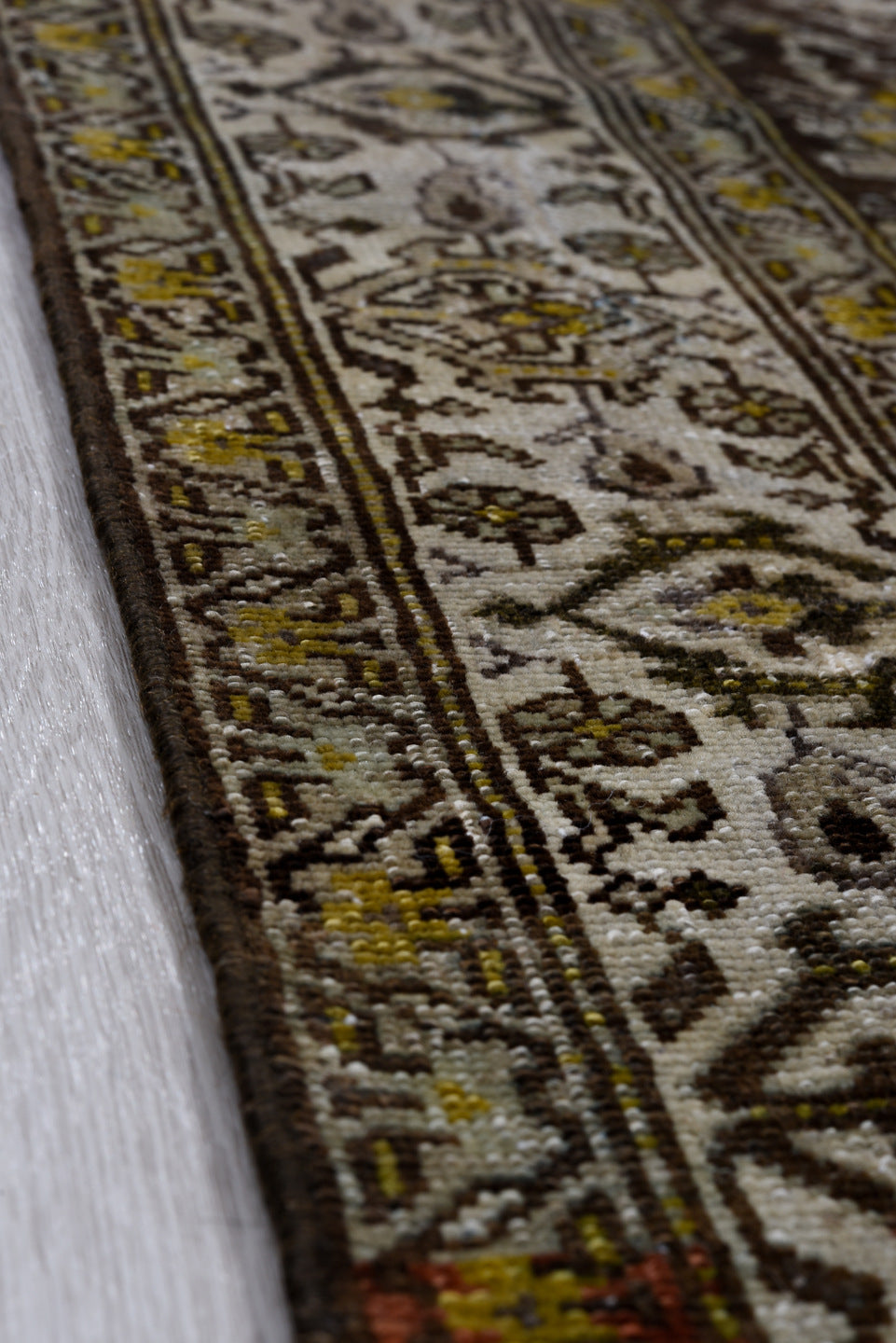 2' x 16' one-of-a-kind handmade antique Malayer runner rug. Color palette: ivory, charcoal, taupe, rust, sage, camel, rose