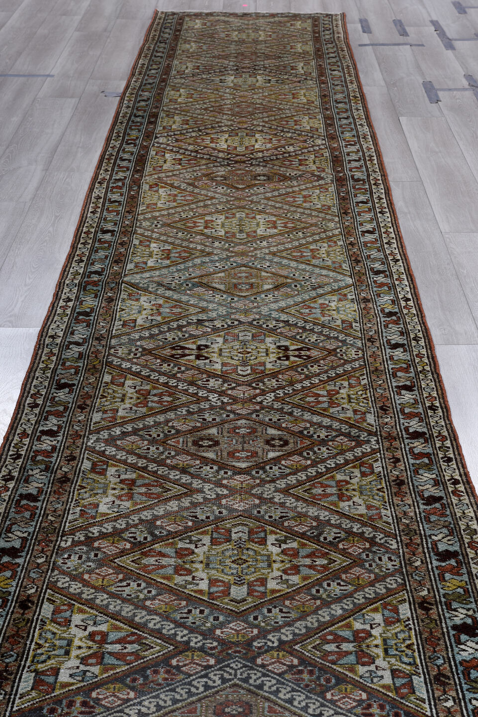 3' x 17' one-of-a-kind handmade vintage Malayer runner rug. Color palette: black, blue, brown, charcoal, dim gray, gray