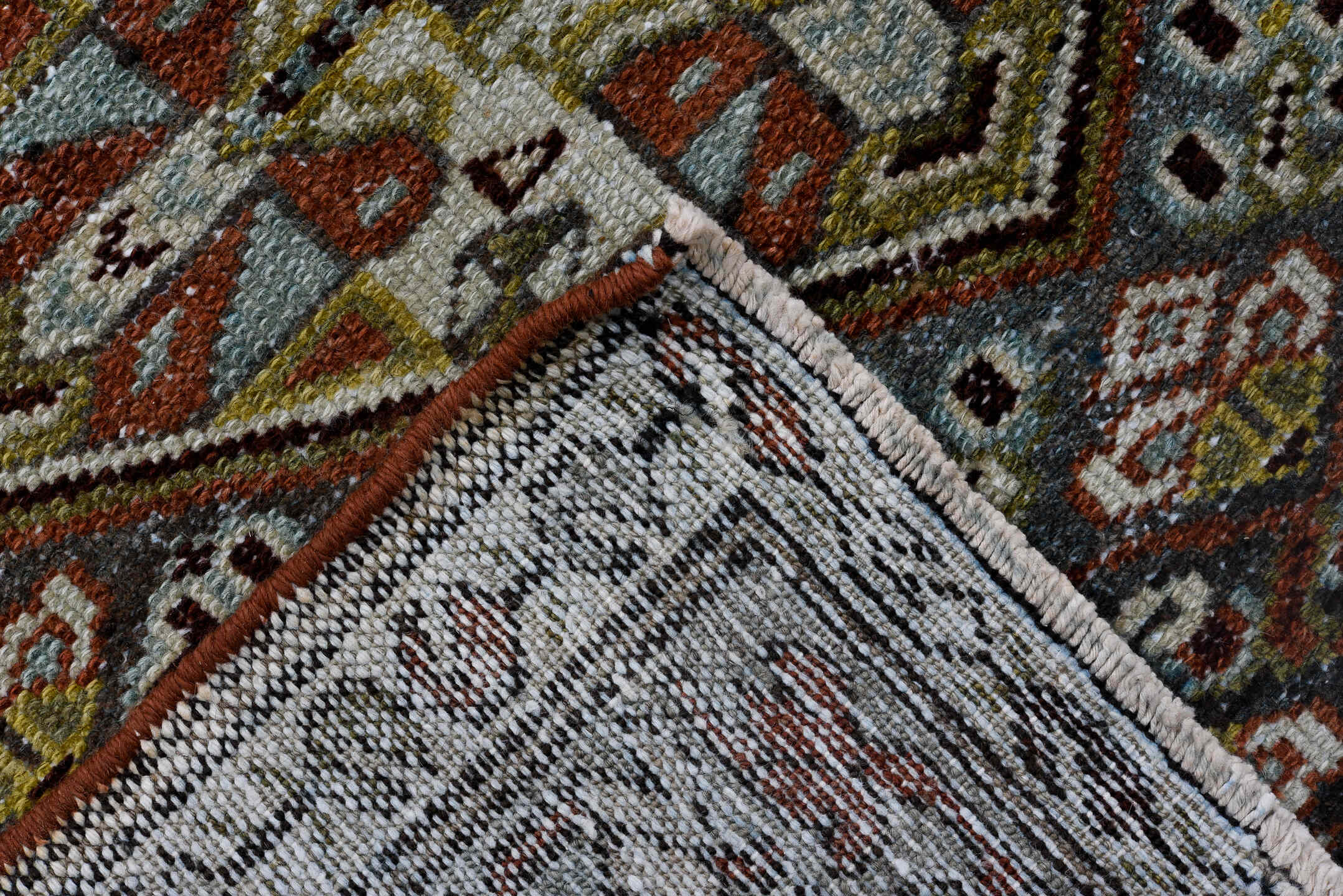 3' x 17' one-of-a-kind handmade vintage Malayer runner rug. Color palette: black, blue, brown, charcoal, dim gray, gray