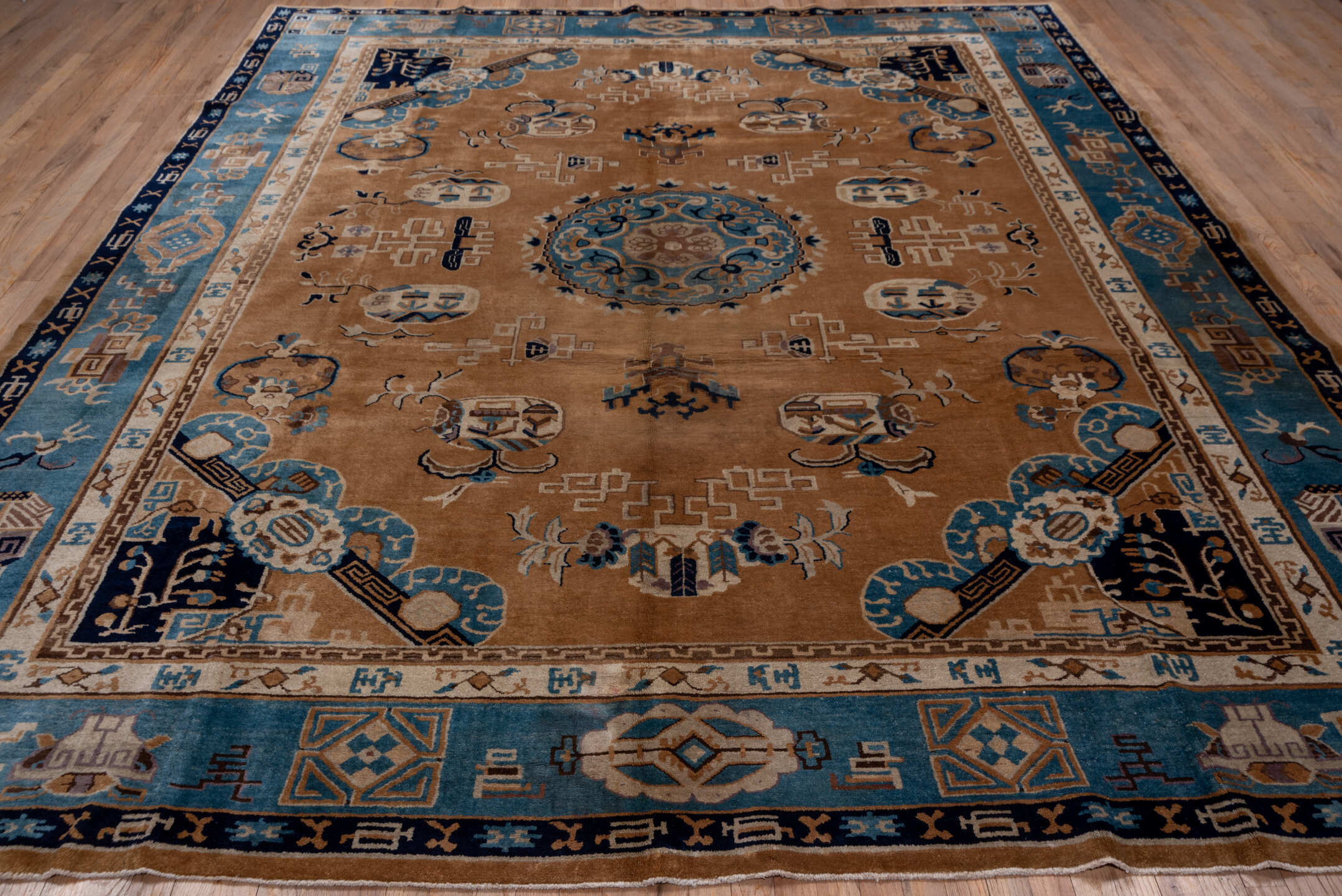 9' x 11' one-of-a-kind handmade vintage Chinese large size rug. Color palette: arapawa, black, blue, brown, charcoal