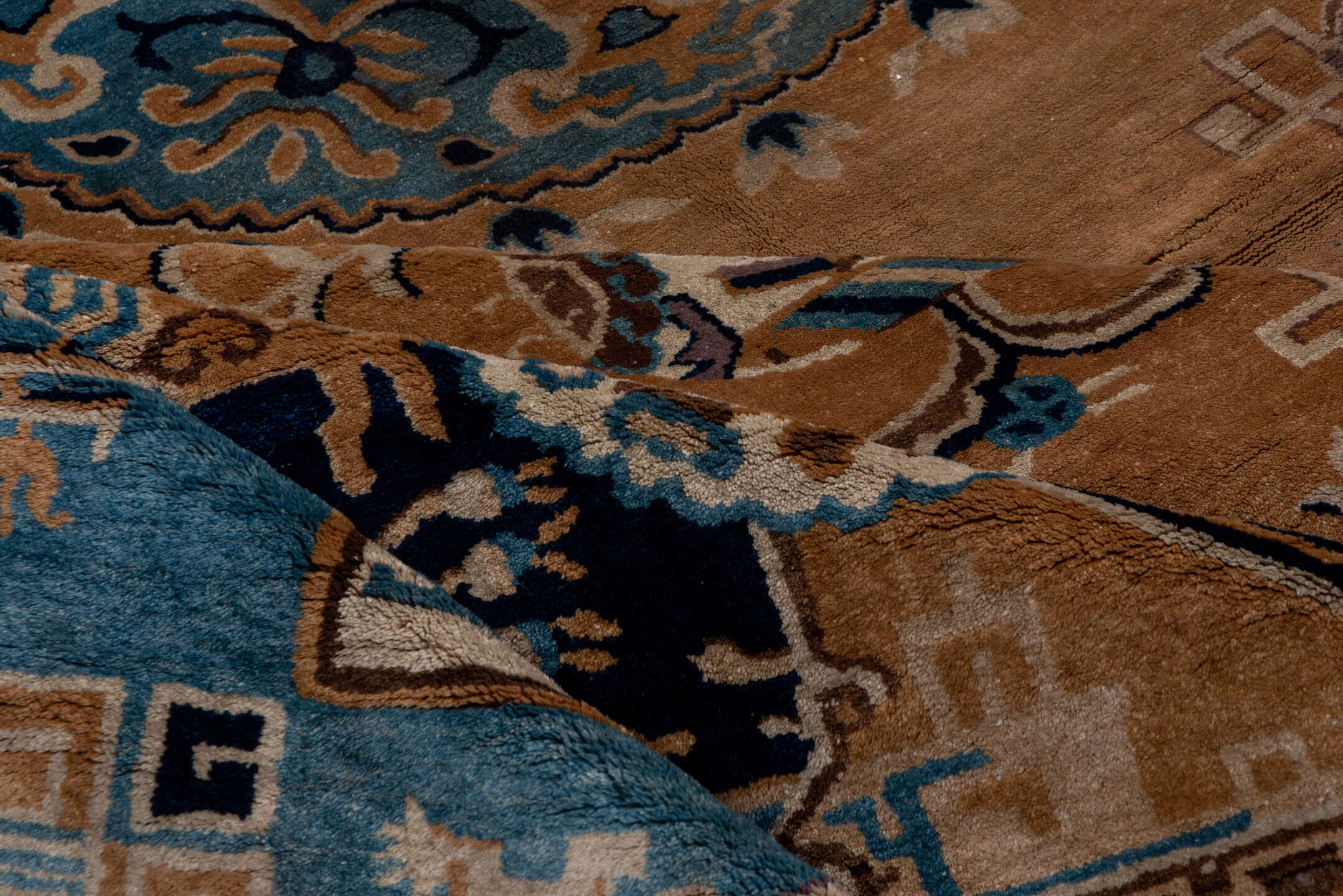 9' x 11' one-of-a-kind handmade vintage Chinese large size rug. Color palette: arapawa, black, blue, brown, charcoal