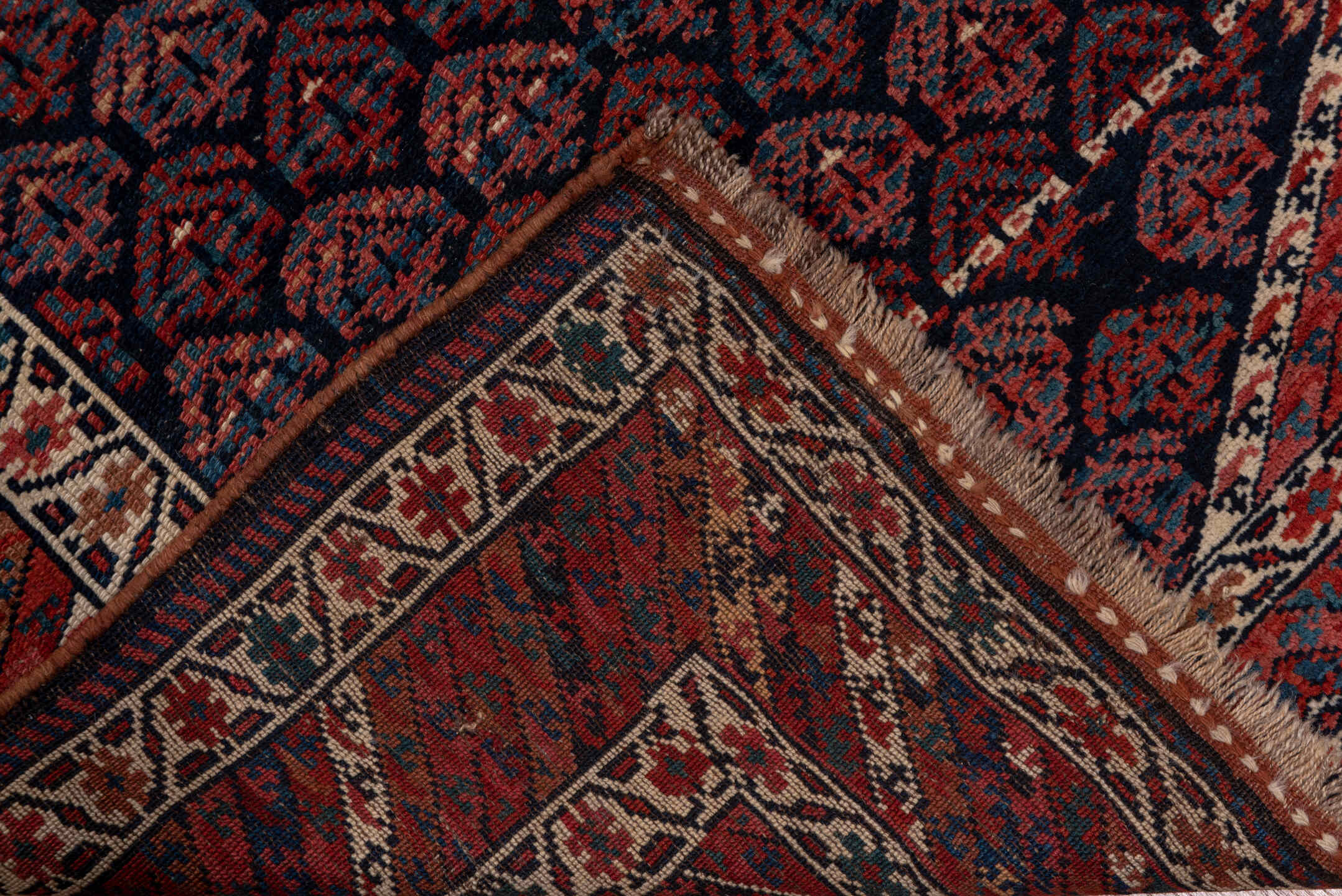 3' x 16' one-of-a-kind handmade antique Kurd runner rug. Color palette: navy, rust, ivory, brick, slate, camel, blue