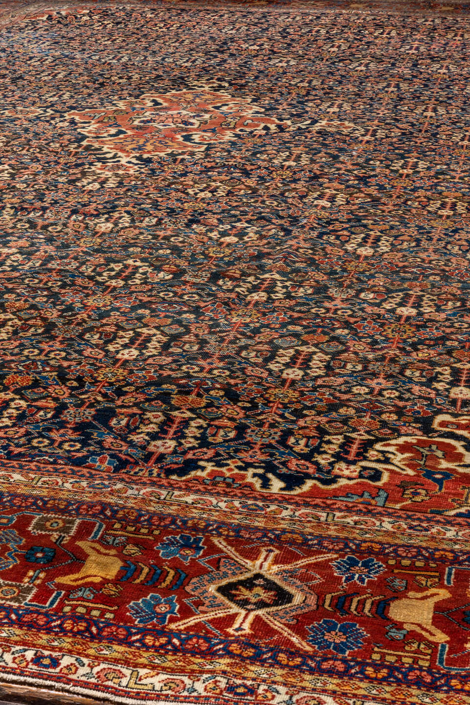 14' x 21' one-of-a-kind handmade antique Sultanabad oversize rug. Color palette: navy, rust, ivory, cobalt, camel