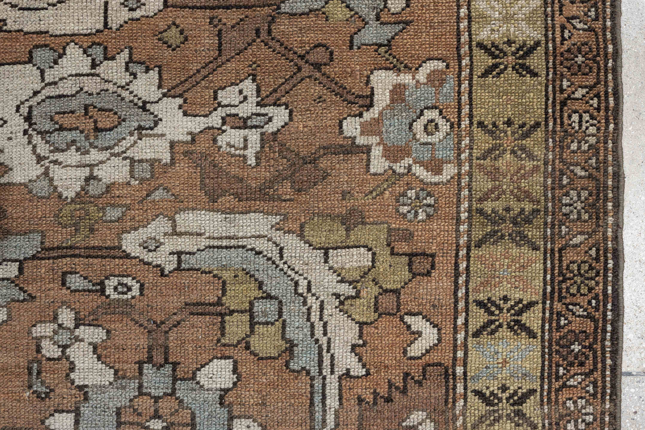 3' x 6' one-of-a-kind handmade antique Kurd rug. Color palette: terra cotta, ivory, sage, slate, camel, charcoal, taupe