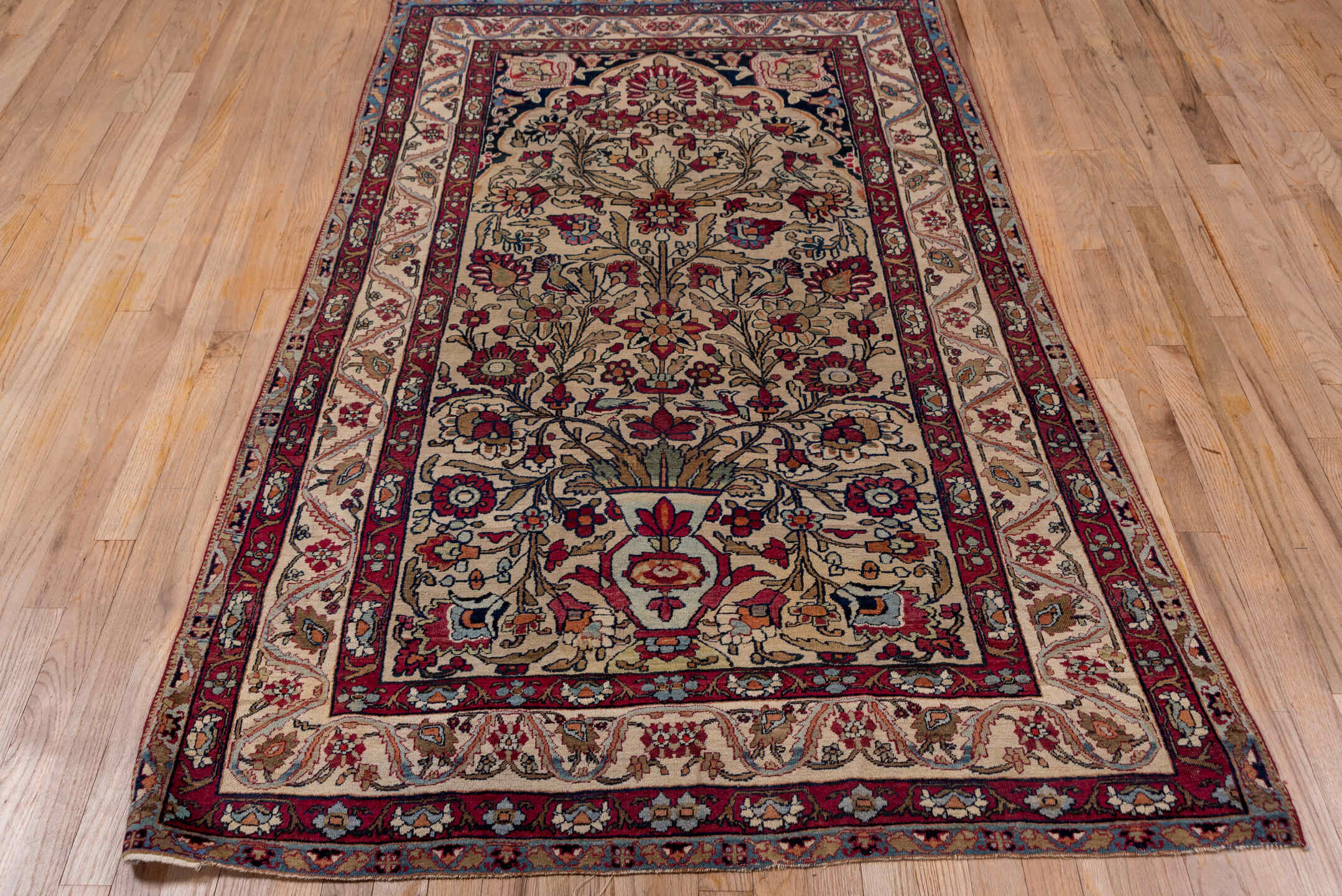 4' x 6' one-of-a-kind handmade antique Lavar small size rug. Color palette: ivory, brick red, navy, sky blue, camel, rose