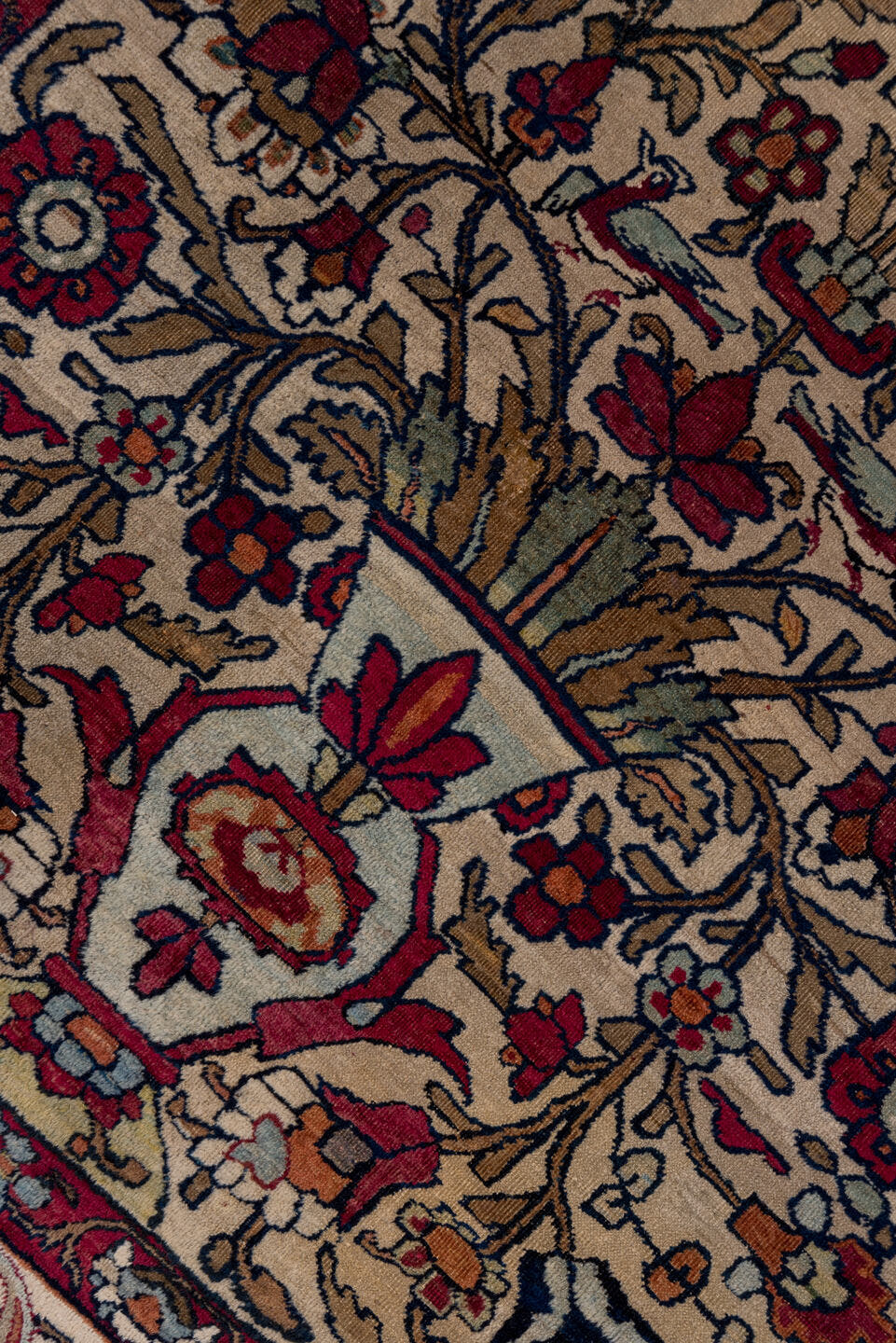 4' x 6' one-of-a-kind handmade antique Lavar small size rug. Color palette: ivory, brick red, navy, sky blue, camel, rose