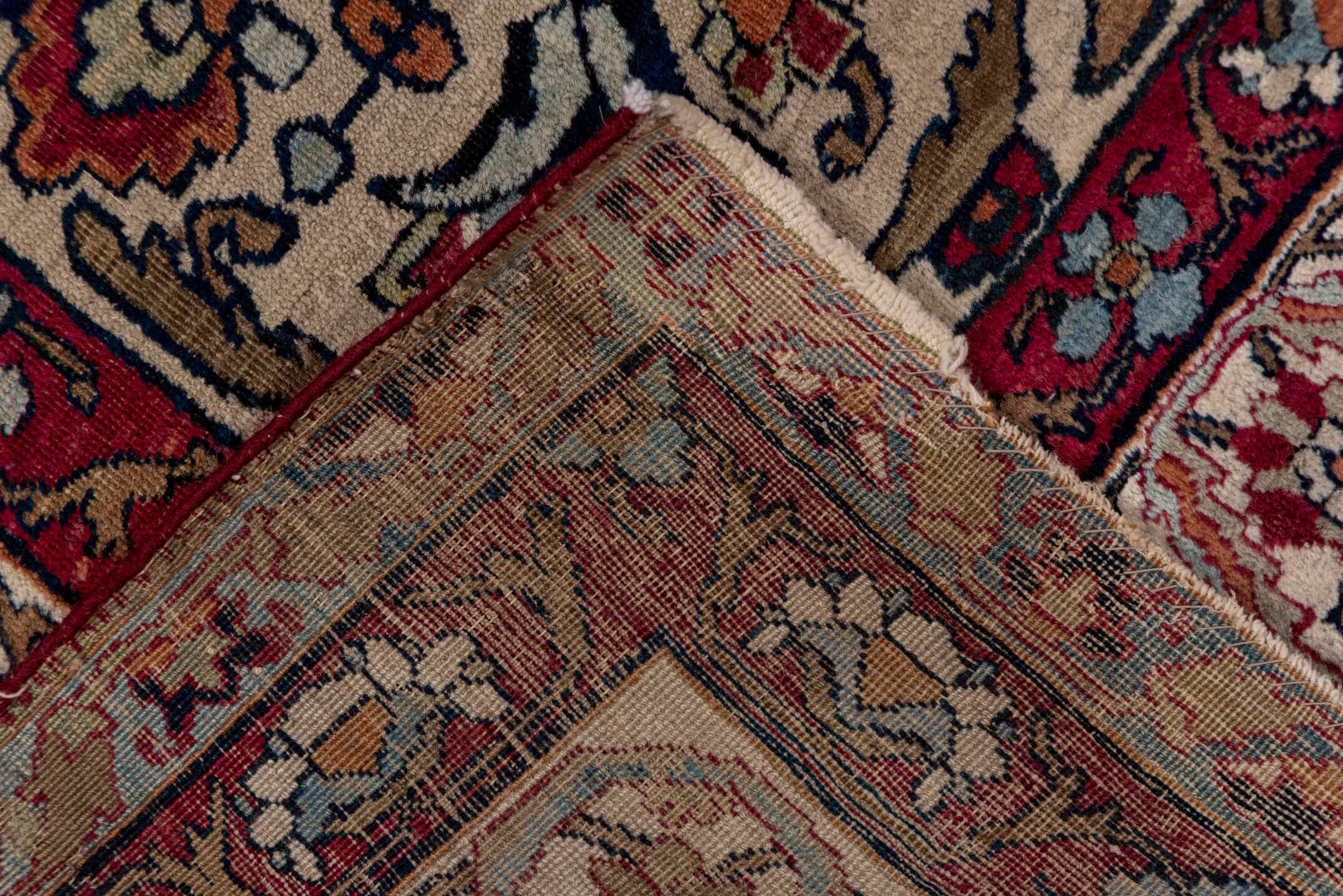4' x 6' one-of-a-kind handmade antique Lavar small size rug. Color palette: ivory, brick red, navy, sky blue, camel, rose