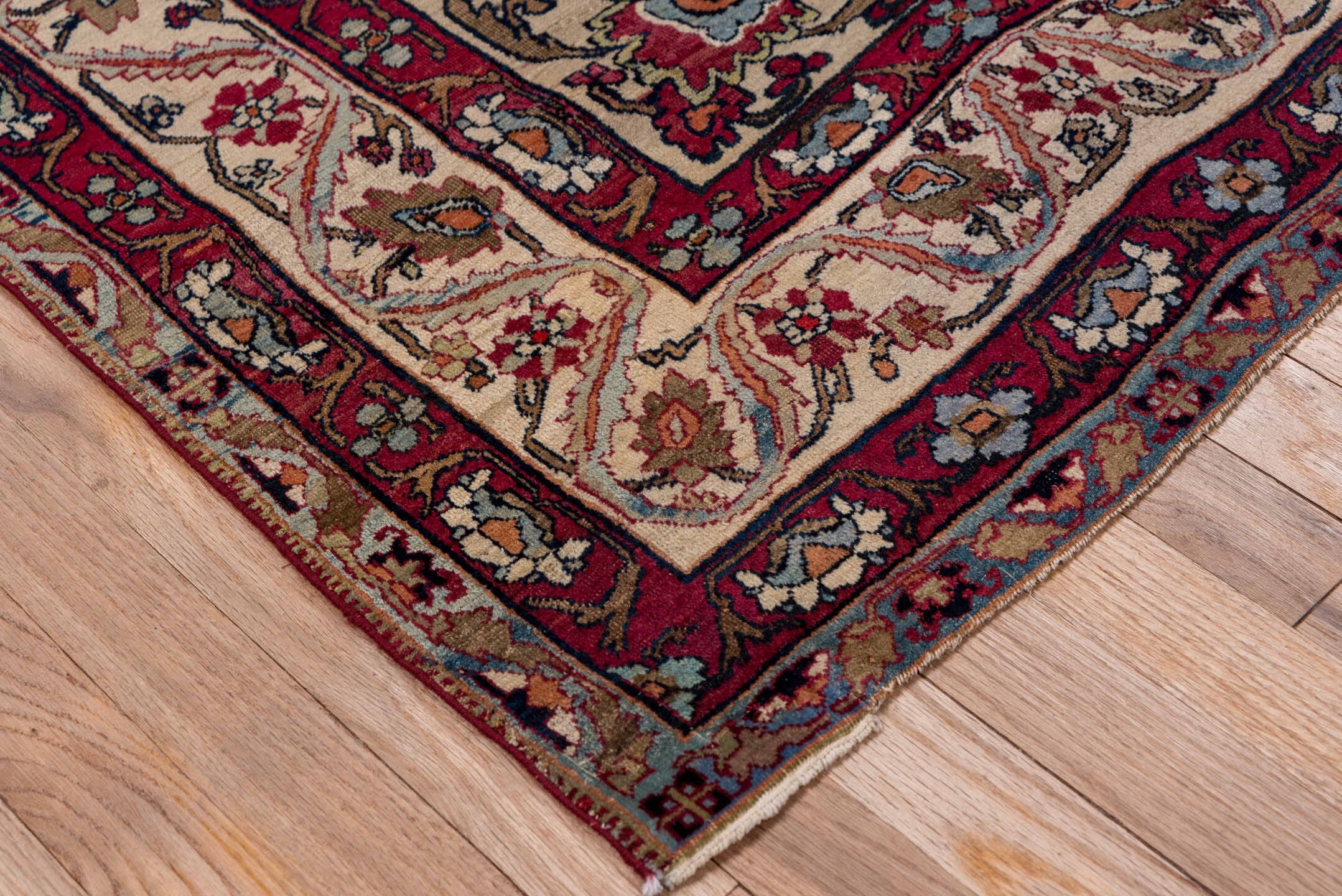 4' x 6' one-of-a-kind handmade antique Lavar small size rug. Color palette: ivory, brick red, navy, sky blue, camel, rose