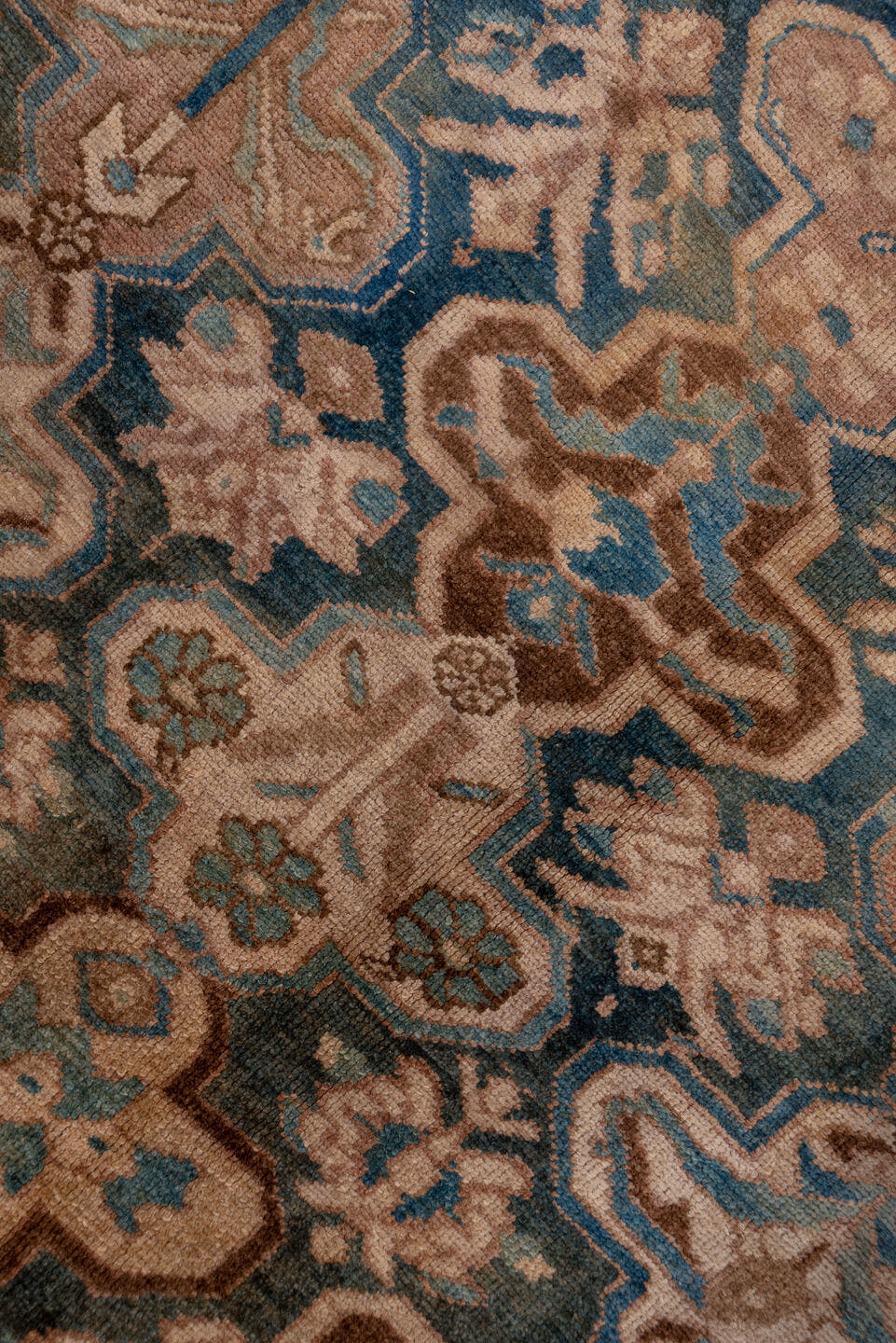 5' x 12' one-of-a-kind handmade antique Baktiary rug. Color palette: camel, taupe, teal, ivory, brown, slate, sky_blue