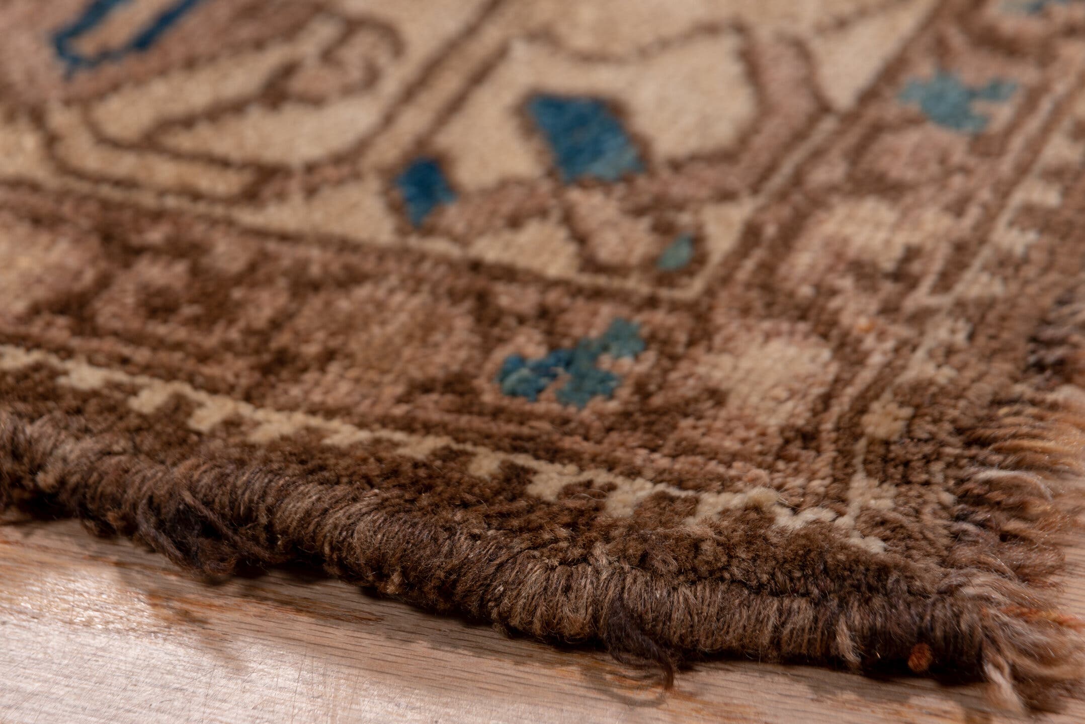 5' x 12' one-of-a-kind handmade antique Baktiary rug. Color palette: camel, taupe, teal, ivory, brown, slate, sky_blue