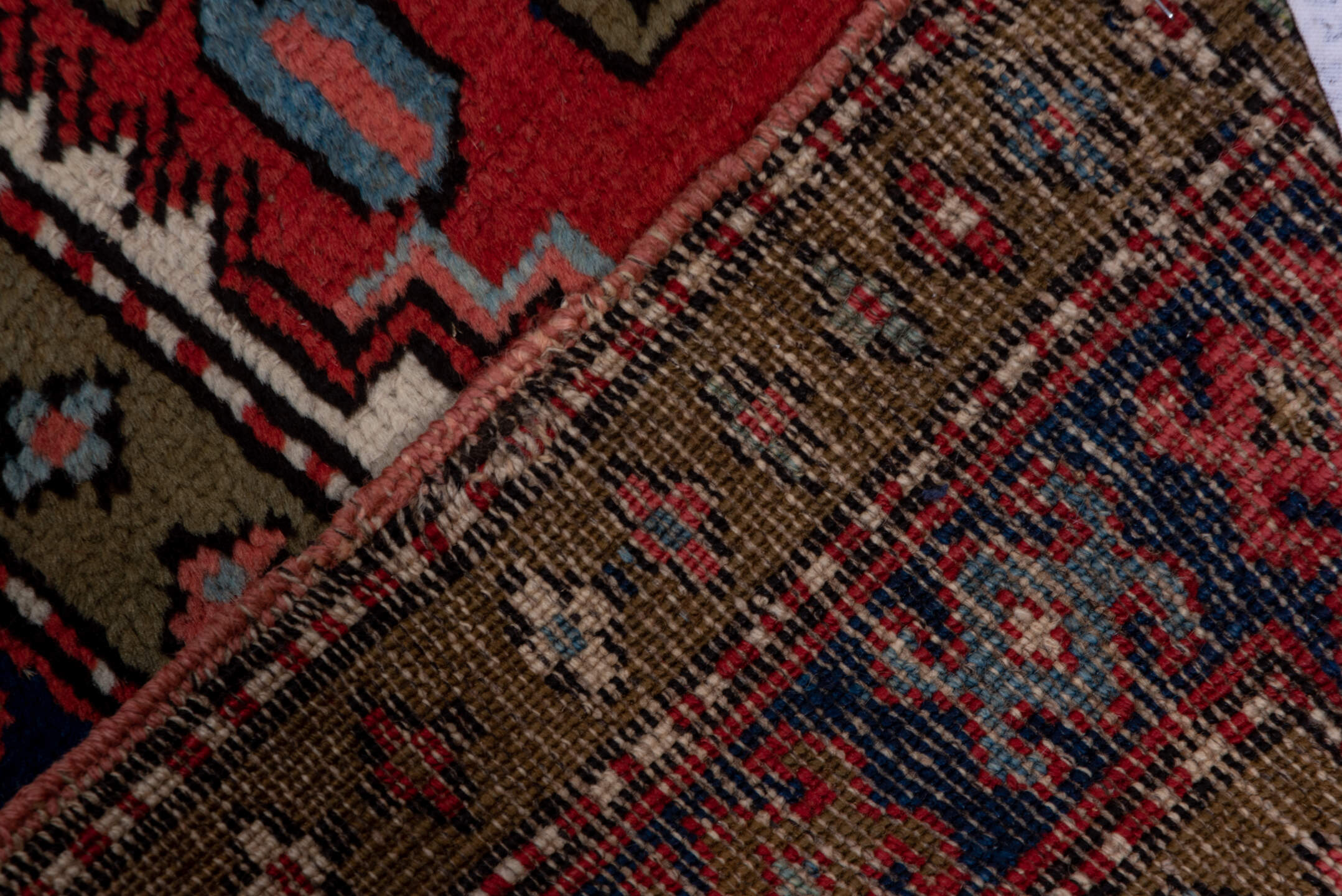 3' x 14' one-of-a-kind handmade vintage Heriz runner rug. Color palette: brown, gray, light gray, pink, red