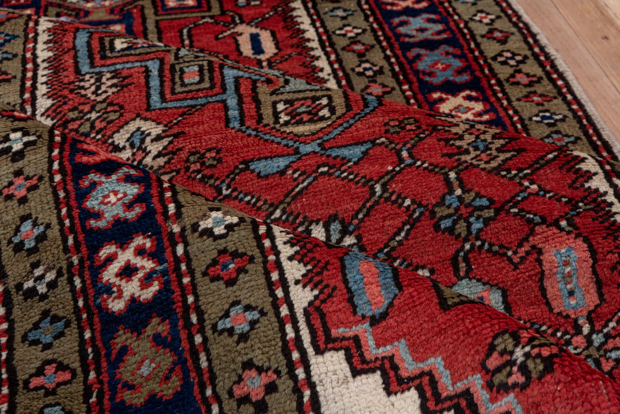 3' x 14' one-of-a-kind handmade antique Heriz runner rug. Color palette: rust, navy, ivory, taupe, slate, rose, charcoal