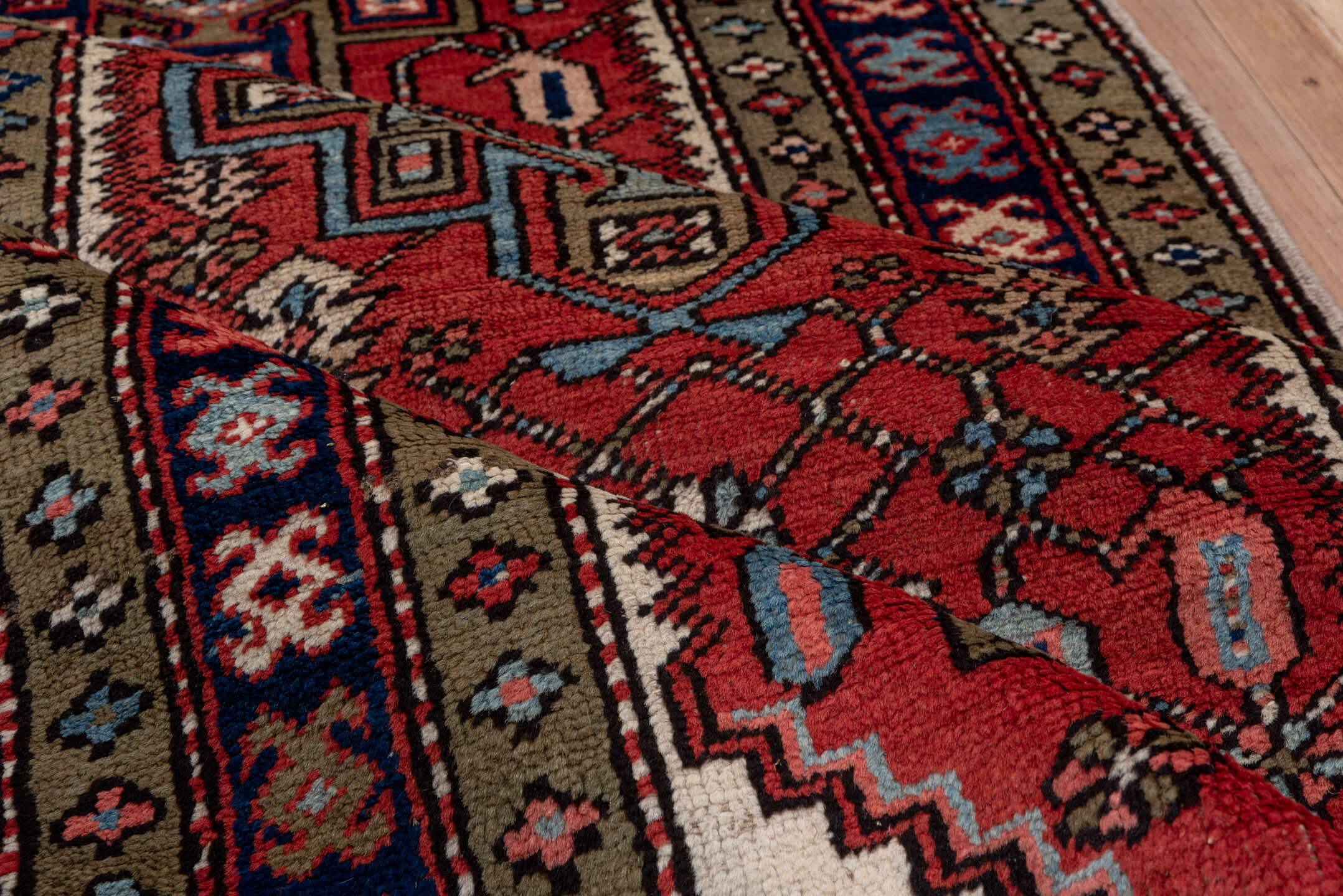 3' x 14' one-of-a-kind handmade antique Heriz runner rug. Color palette: rust, navy, ivory, taupe, slate, rose, charcoal