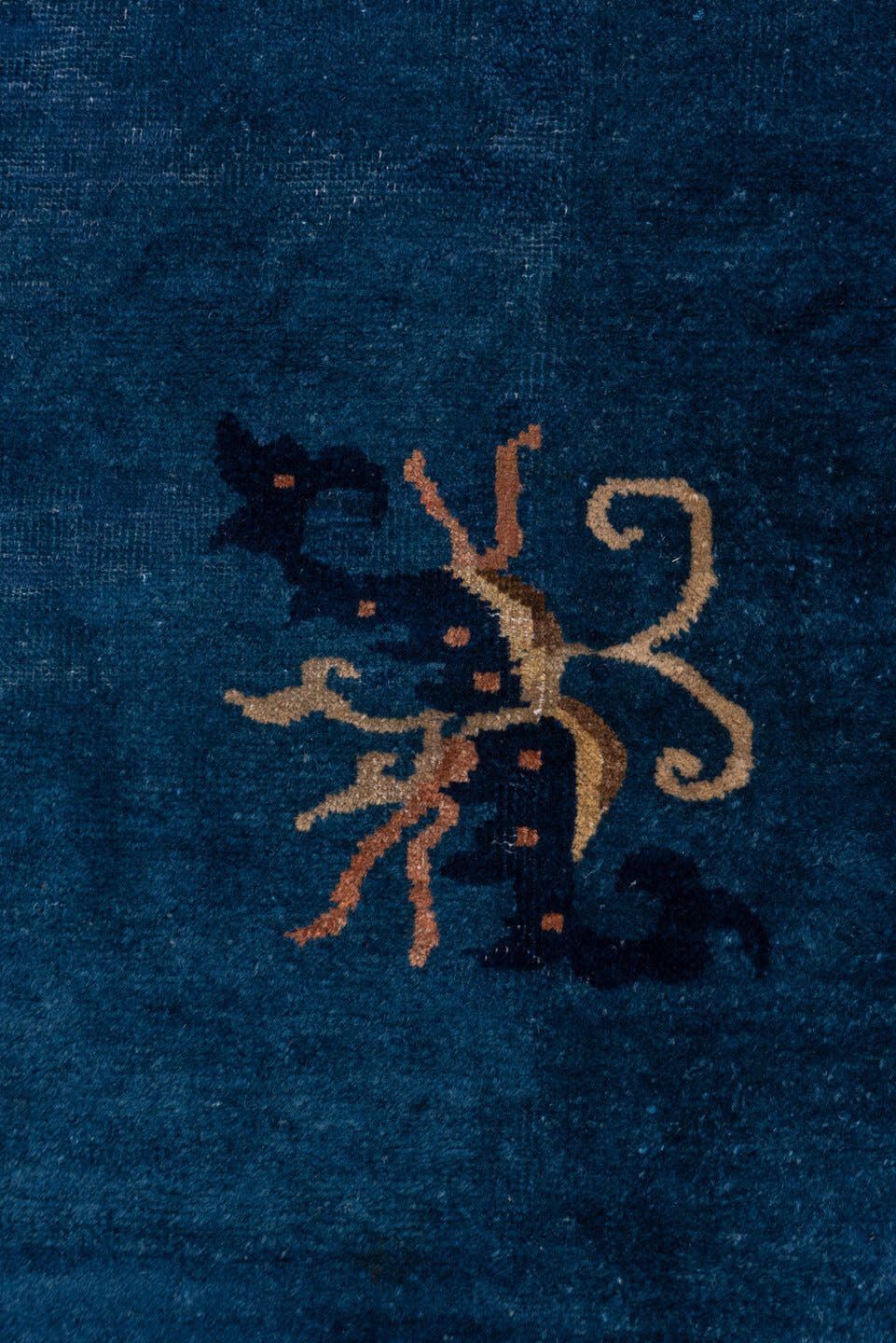 12' x 20' one-of-a-kind handmade antique Chinese oversize rug. Color palette: blue, ivory, camel, navy, taupe, peach, beige
