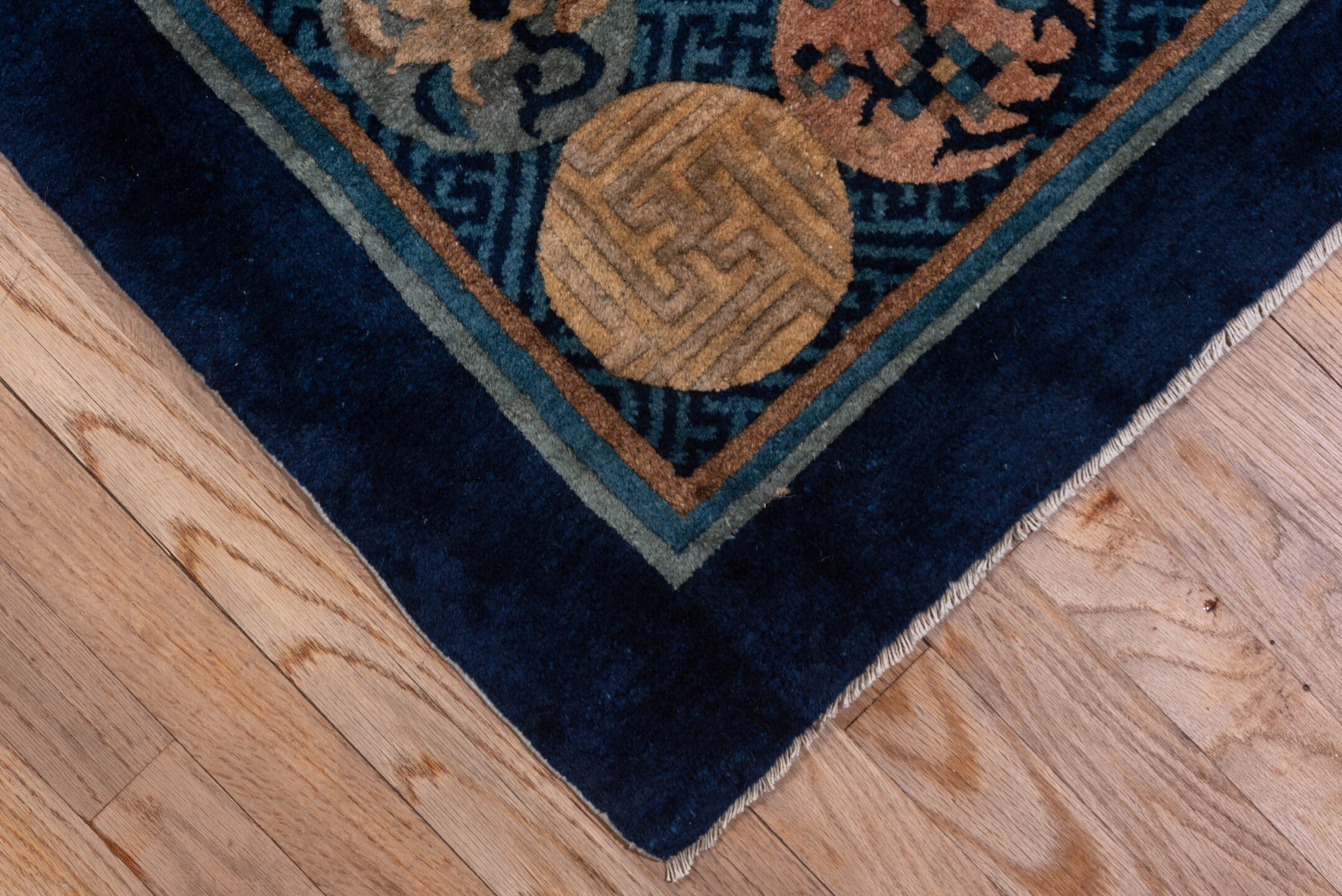 12' x 20' one-of-a-kind handmade vintage Chinese oversize rug. Color palette: blue, brown, burlywood, gray, light gray