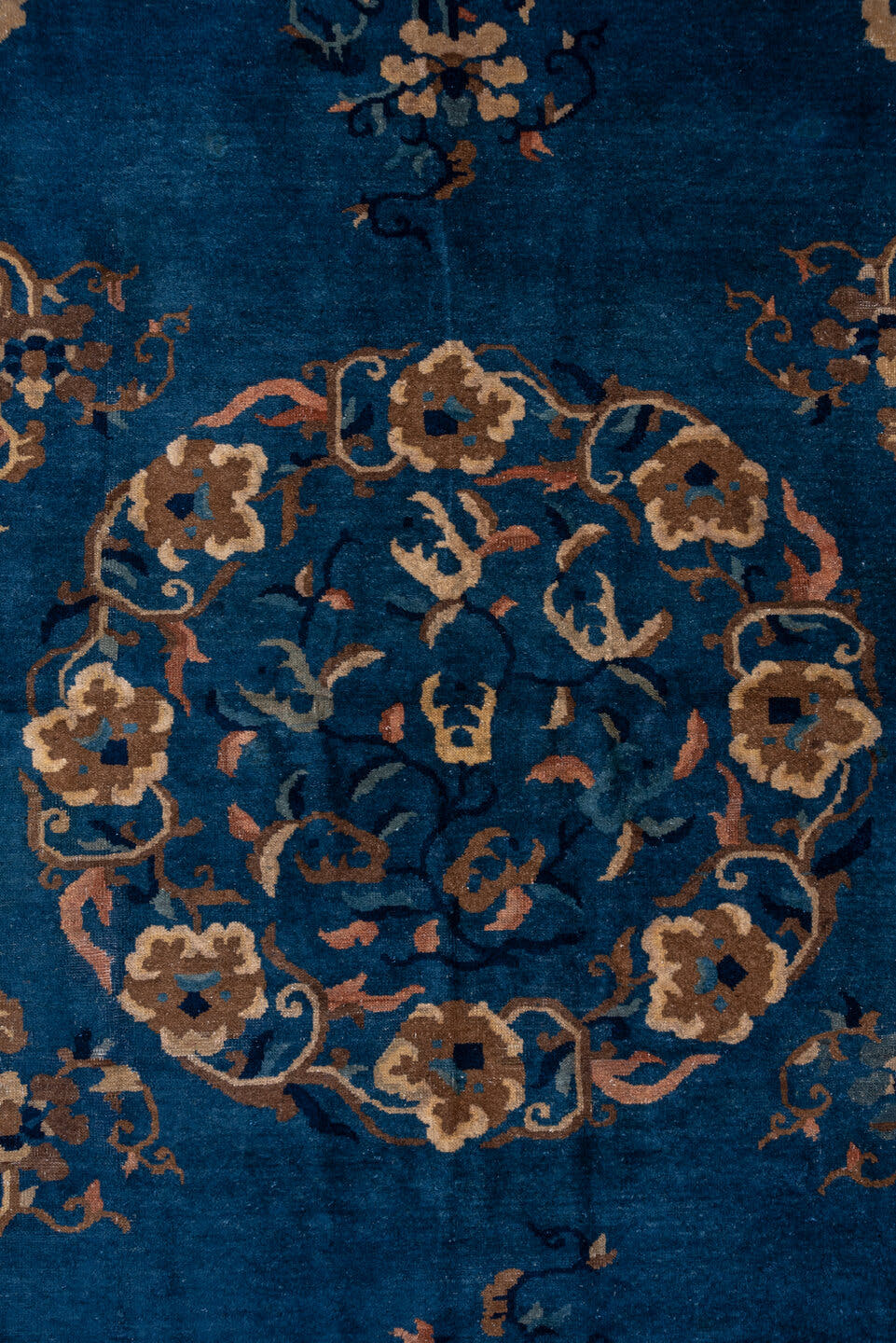 12' x 20' one-of-a-kind handmade antique Chinese oversize rug. Color palette: blue, ivory, camel, navy, taupe, peach, beige