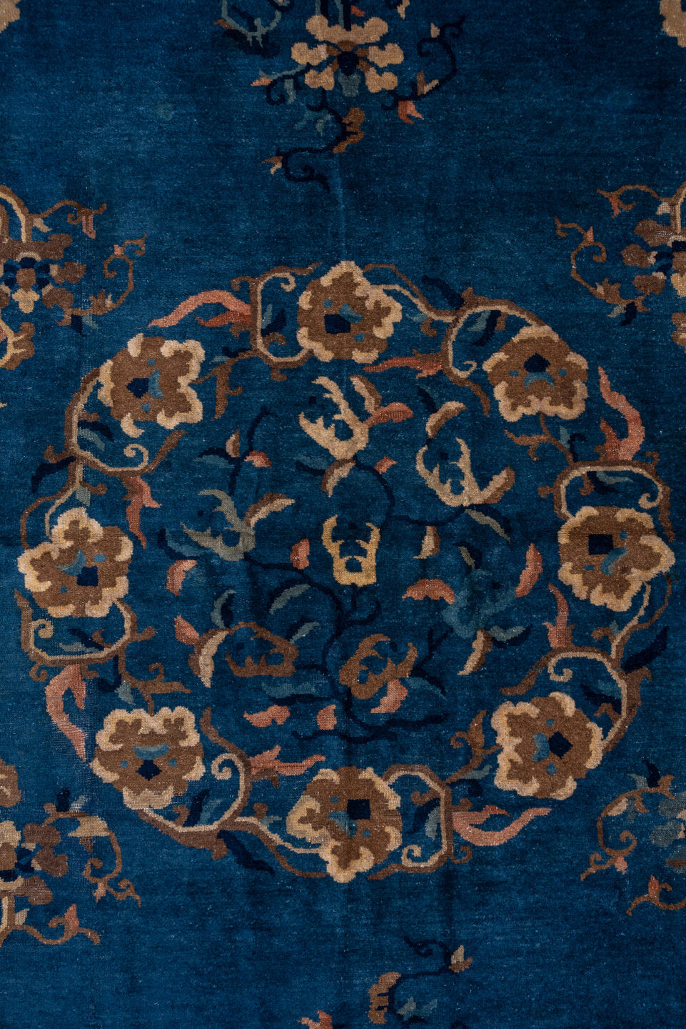 12' x 20' one-of-a-kind handmade antique Chinese oversize rug. Color palette: blue, ivory, camel, navy, taupe, peach, beige