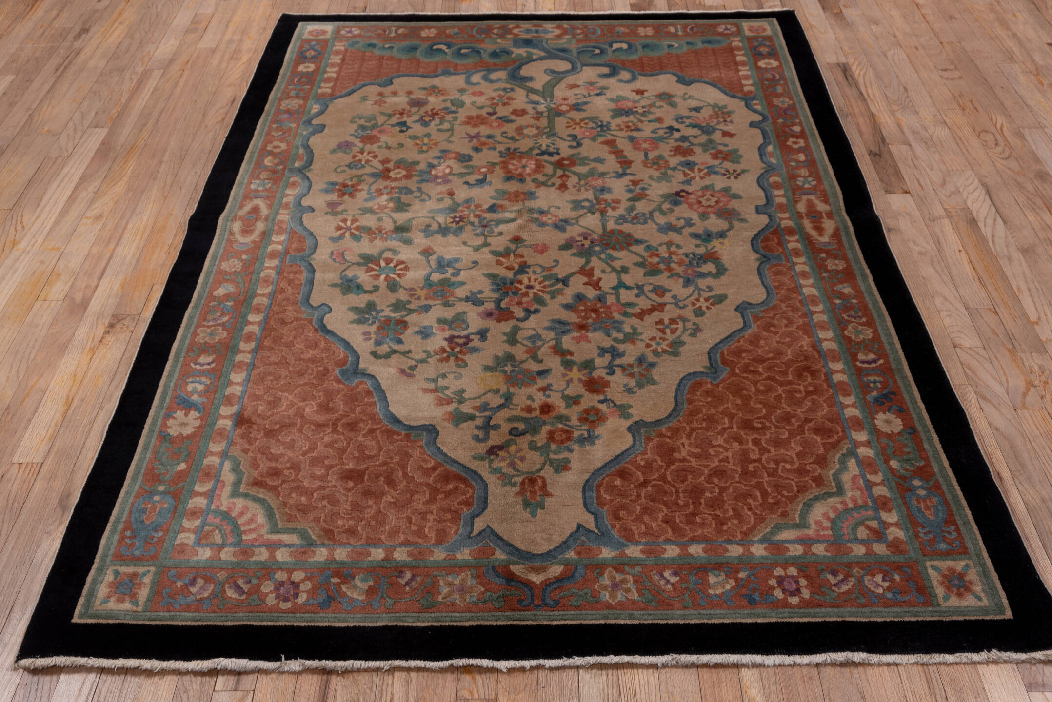 5' x 8' one-of-a-kind handmade antique Chinese medium size rug. Color palette: peach, ivory, blue, coral, teal, navy, rose