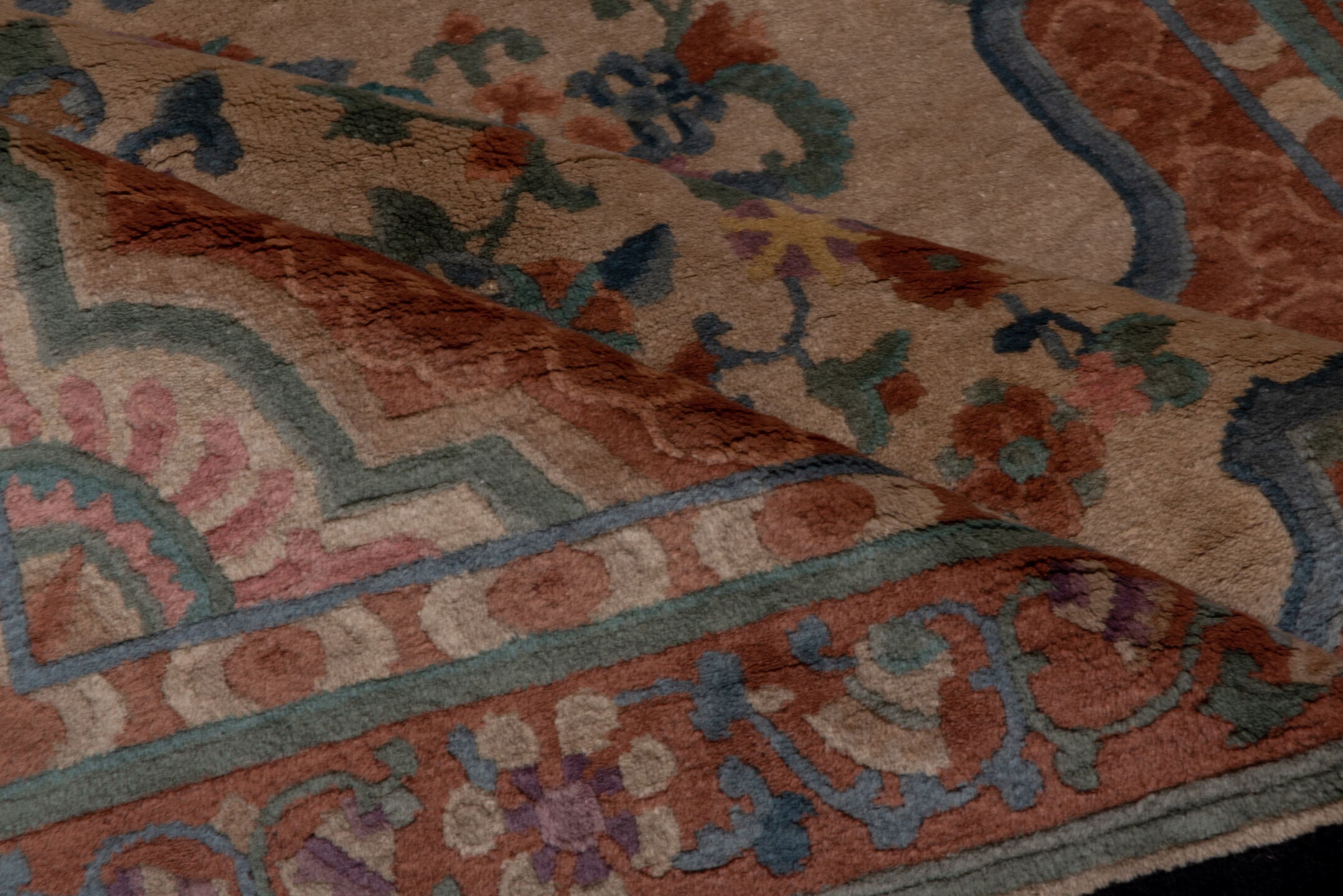 5' x 8' one-of-a-kind handmade antique Chinese medium size rug. Color palette: peach, ivory, blue, coral, teal, navy, rose