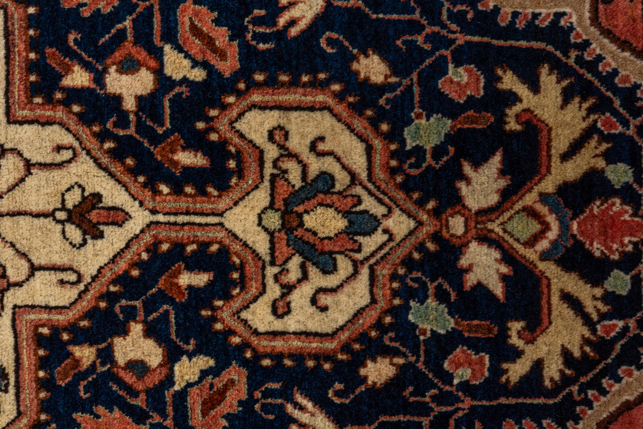 4' x 6' one-of-a-kind handmade antique Malysarouk small size rug. Color palette: navy, ivory, rust, rose, sky_blue, camel