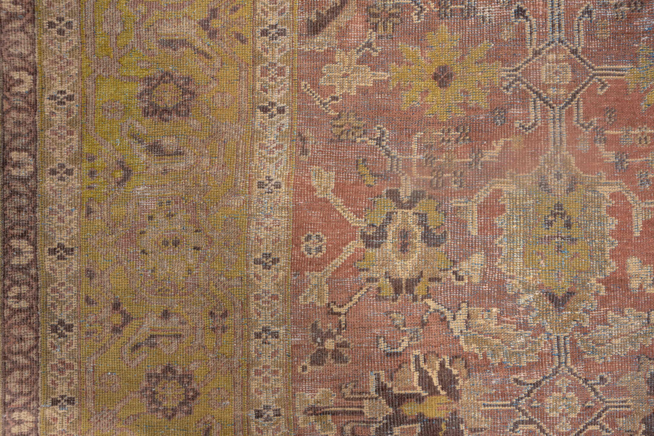 11' x 16' one-of-a-kind handmade antique Mahal oversize rug. Color palette: rose, gold, ivory, taupe, brown, sage