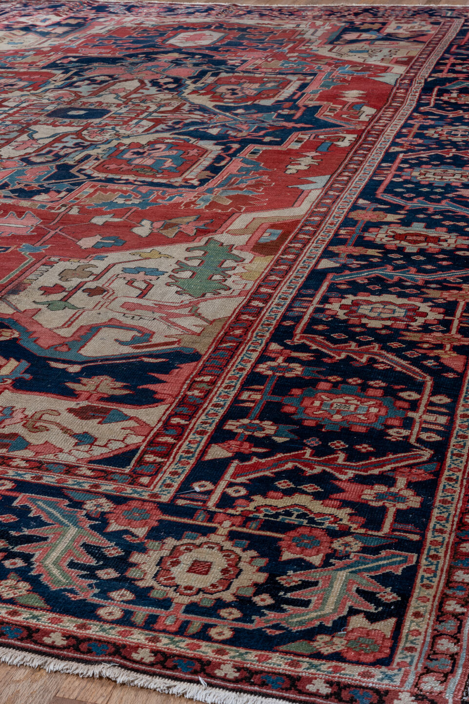 9' x 13' one-of-a-kind handmade vintage Serapi large size rug. Color palette: arapawa, blue, brown, gray, light gray