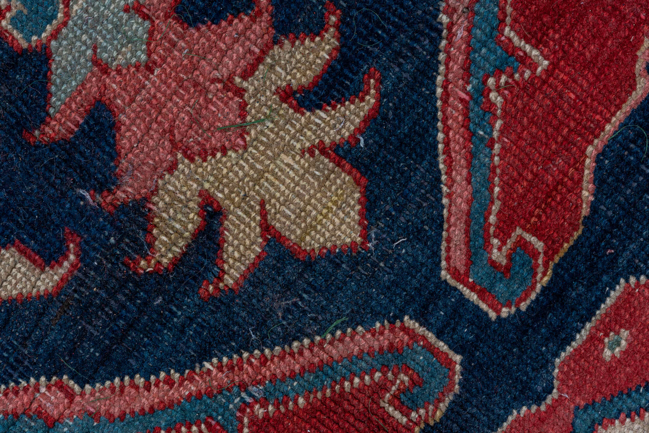 9' x 13' one-of-a-kind handmade vintage Serapi large size rug. Color palette: arapawa, blue, brown, gray, light gray