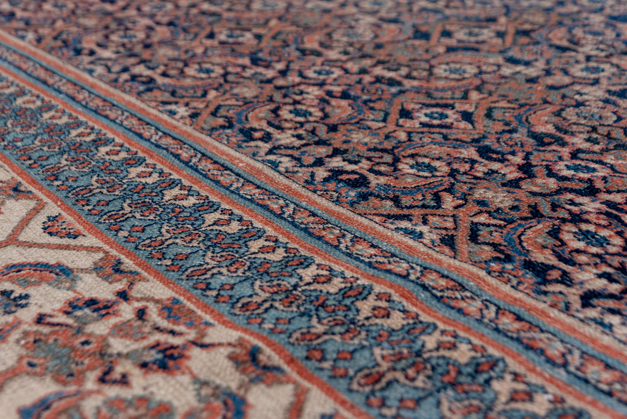 8' x 11' one-of-a-kind handmade antique Khorassan large size rug. Color palette: navy, ivory, rust, slate, camel, rose, blue