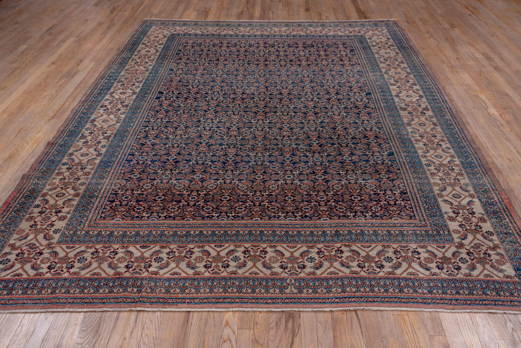 8' x 11' one-of-a-kind handmade antique Khorassan large size rug. Color palette: navy, ivory, rust, slate, camel, rose, blue