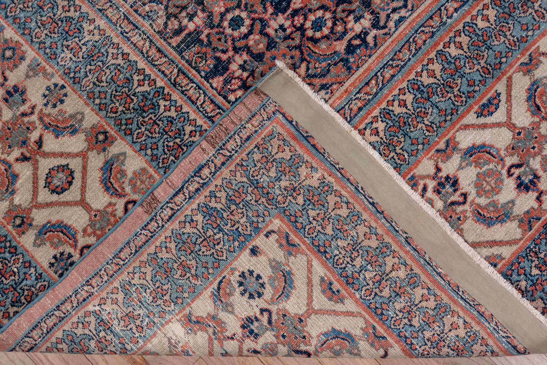 8' x 11' one-of-a-kind handmade antique Khorassan large size rug. Color palette: navy, ivory, rust, slate, camel, rose, blue